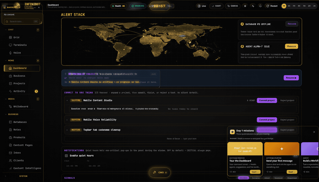 UI redesign concept of the EXACT interface in the reference screenshot — InfiniBot's noir control-terminal dashboard, bolder variant. Keep the identity: near-black background, gold/amber accents, monospace terminal type, uppercase micro-labels, left icon sidebar, top bar with health pill and gold clock, purple secondary chips. REVAMP: add a cinematic isometric agent world-map band across the upper third showing live agents as small gold glowing nodes; below it a proactive alert stack where each alert card has direct gold action buttons (Fix now / Spawn agent / Snooze); right rail condensed into a vertical quick-actions dock. Keep everything dark, gold-on-black, terminal-flavored — NOT a generic SaaS dashboard. High-fidelity product mockup, 4k.