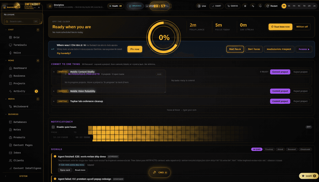 UI redesign concept of the EXACT interface in the reference screenshot — InfiniBot's noir /discipline dashboard. Preserve identity: near-black background, gold/amber accents, monospace terminal typography, uppercase micro-labels ("OFF THE CLOCK", "COMMIT TO ONE THING"), thin gold hairlines, left icon sidebar, top bar with health pill and gold countdown clock, purple secondary chips. REVAMP: hero "Ready when you are" panel upgraded with a large gold momentum ring (today's discipline score) and the 0%/0m/0 stat chips made glanceable; commit-to-one-thing rows get inline gold action buttons (Start focus / Reschedule / Skip honestly); signals feed condensed into a ticker; add a weekly consistency heatmap in ember gold. Proactive coach line where the AI calls out slippage with a one-tap fix. Same noir terminal soul, sharper hierarchy. High-fidelity mockup, 4k.