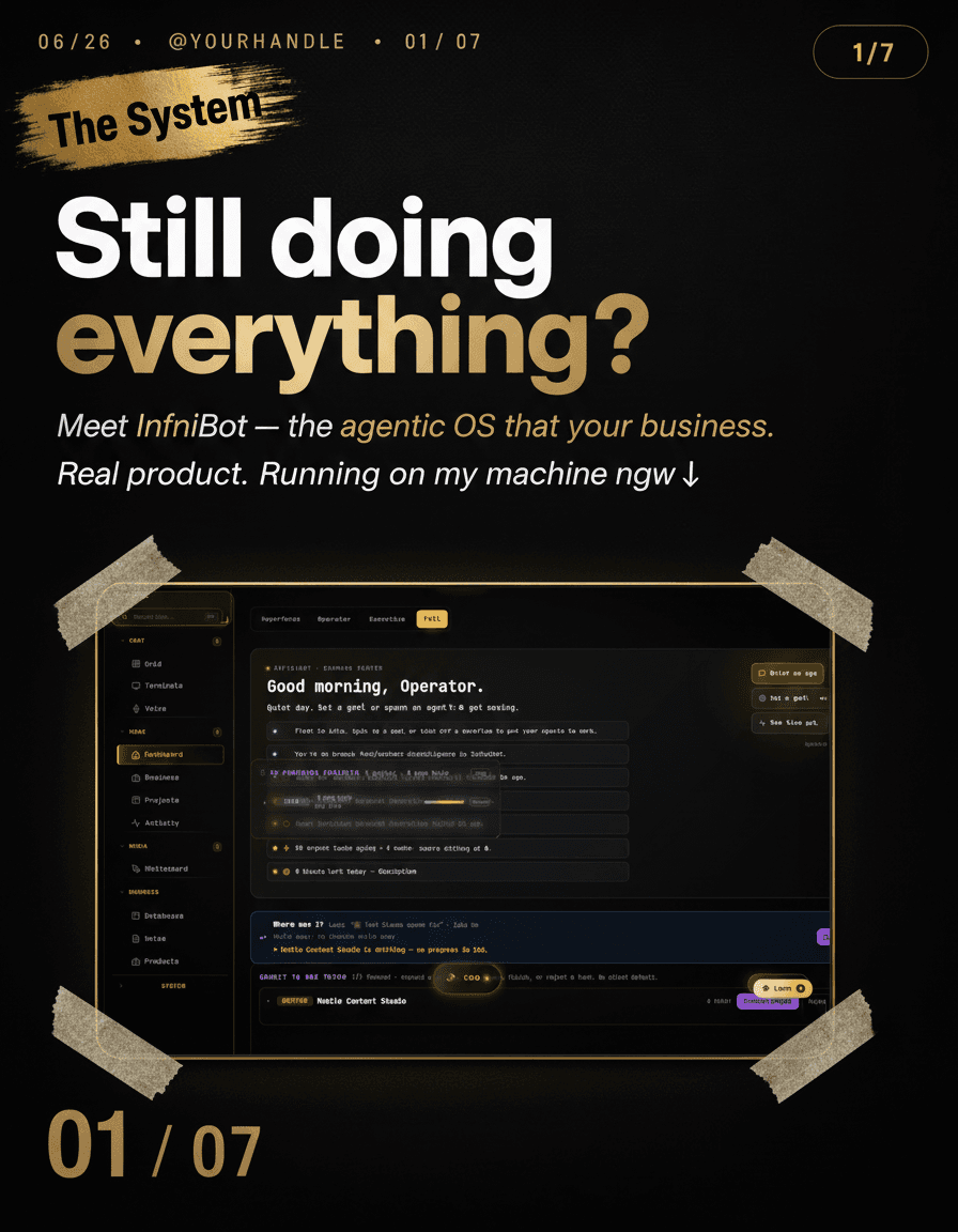 Instagram carousel COVER slide 1 of 7, 4:5 portrait, solid matte midnight black background with subtle carbon fiber grain and deep vignette. Editorial luxury minimal aesthetic, Neon Gold and Champagne Metallic accent palette. Match the layout system of the reference carousel slide (meta row, pill, grunge tag, giant headline, framed panel, bottom page number).

Top meta row in small muted champagne-gold text: "06/26 • @YOURHANDLE • 01 / 07". Top right black rounded pill with "1/7" in gold. Upper left gold grunge brush tag: "The System" in black bold text.

Headline gigantic bold sans-serif on two lines: "Still doing" in solid white, "everything?" in champagne-gold with a metallic gold period. Below, italic light-gold line: "Meet InfiniBot — the agentic OS that runs your business." Then white italic line: "Real product. Running on my machine right now ↓"

Lower half: a large framed screenshot panel with a thin brushed champagne-aluminum frame and soft gold glow — inside it, faithfully recreate the EXACT InfiniBot dashboard from the reference screenshot: the dark noir interface with gold accents, left icon sidebar, top bar with gold countdown clock, and the large monospace greeting "Good morning, Operator." with briefing list items below. Reproduce its real layout and gold-on-black look precisely, crisp and legible. Two translucent masking-tape strips on opposite corners of the frame.

Bottom left: large muted gold "01 / 07".

Cinematic rim lighting, gold-tinted ambient light, deep obsidian shadows. Matte carbon fiber, brushed champagne aluminum, polished obsidian, 24k gold leaf accents. 8k resolution, high-fidelity text rendering, sharp geometric edges. Perfectly legible typography, no overlapping letters, crisp vector-style text, every word spelled exactly as written.