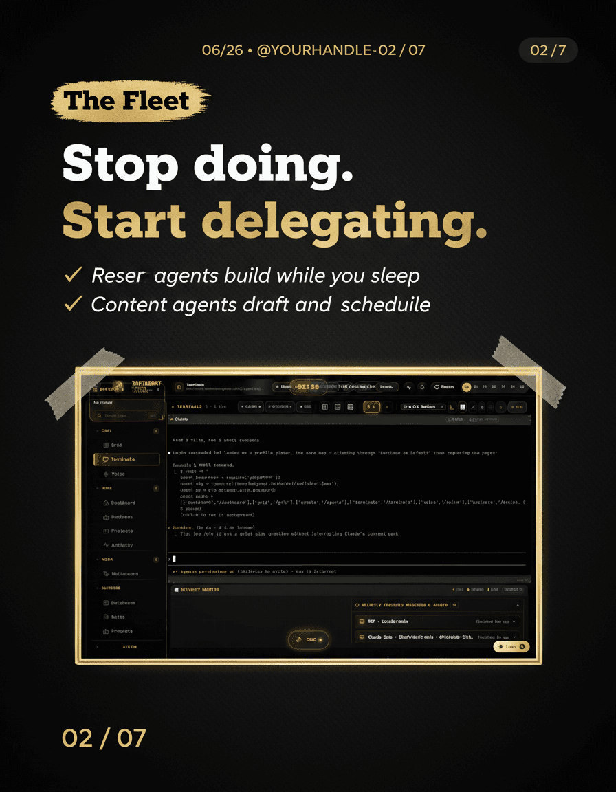 Instagram carousel slide 2 of 7, 4:5 portrait, solid matte midnight black background with subtle carbon fiber grain and deep vignette. Editorial luxury minimal aesthetic, Neon Gold and Champagne Metallic accent palette. Match the layout system of the reference carousel slide (meta row, pill, grunge tag, giant headline, framed panel, bottom page number).

Top meta row in small muted champagne-gold text: "06/26 • @YOURHANDLE • 02 / 07". Top right black rounded pill with "2/7" in gold. Upper left gold grunge brush tag: "The Fleet" in black bold text.

Headline gigantic bold sans-serif on two lines: "Stop doing." in solid white, "Start delegating." in champagne-gold with a metallic gold period. Below, three short bullet lines in white italic with metallic gold check marks, EXACT spelling:
"Coder agents build while you sleep"
"Research agents scan trends daily"
"Content agents draft and schedule"

Lower half: a large framed screenshot panel with a thin brushed champagne-aluminum frame and soft gold glow — inside it, faithfully recreate the EXACT InfiniBot terminals page from the reference screenshot: dark noir interface, gold accents, left sidebar, a live terminal session with monospace output, and the "RECENTLY FINISHED SESSIONS & AGENTS" list at bottom right showing completed Claude Code agent runs. Reproduce its real layout and gold-on-black look precisely, crisp and legible. Two translucent masking-tape strips on opposite corners.

Bottom left: large muted gold "02 / 07".

Cinematic rim lighting, gold-tinted ambient light, deep obsidian shadows. Matte carbon fiber, brushed champagne aluminum, polished obsidian, 24k gold leaf accents. High-fidelity text rendering, sharp geometric edges. Perfectly legible typography, no overlapping letters, crisp vector-style text, every word spelled exactly as written.