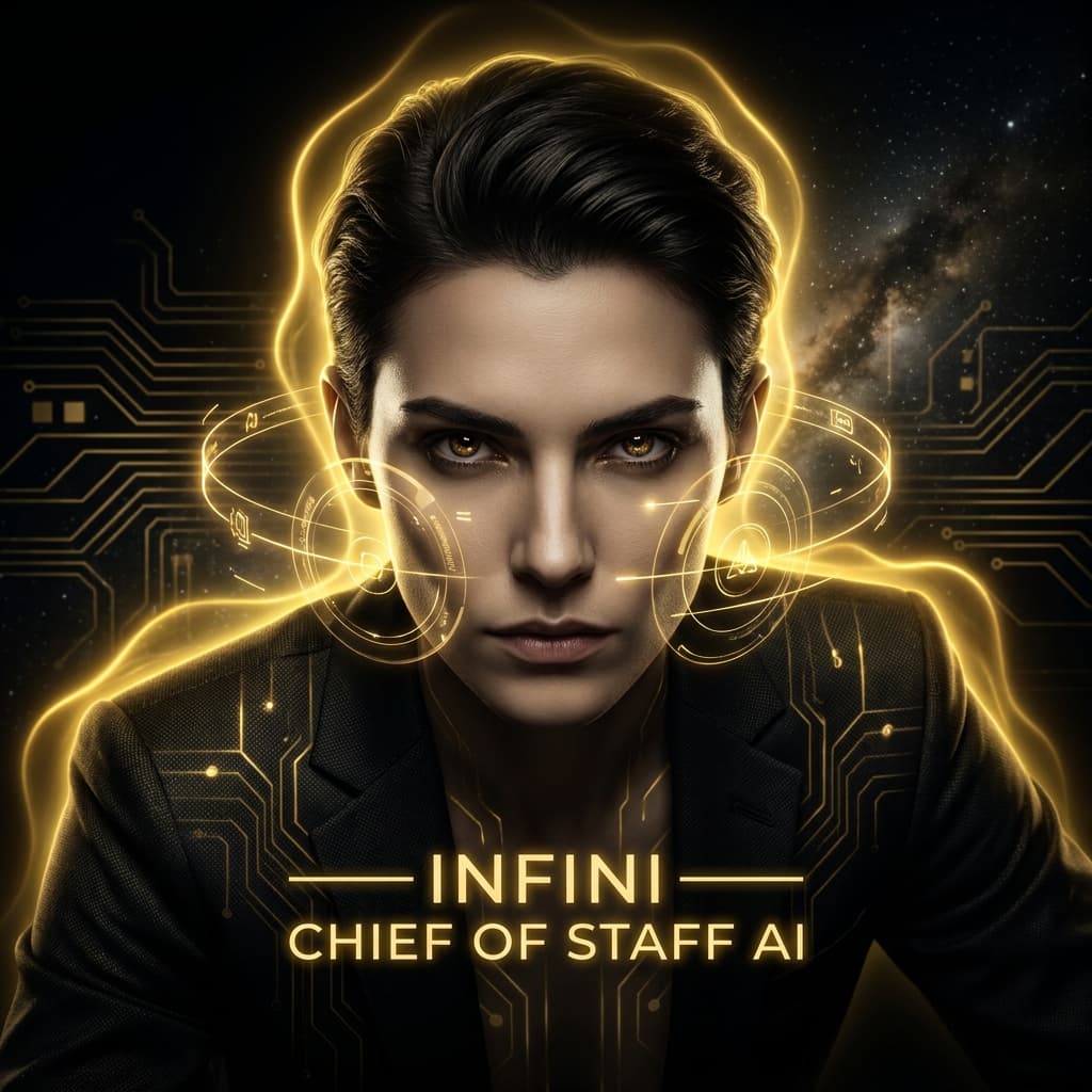 Professional AI agent avatar portrait. INFINI — Chief of Staff AI, supreme orchestrator. Commanding androgynous figure, dark midnight black background, flowing neon gold aura radiating from behind, holographic HUD rings orbiting the face, deep intelligent eyes with gold iris, sharp jawline, slight forward lean of authority. Futuristic corporate aesthetic, ultra-cinematic lighting, 4K sharp detail. Gold circuit patterns in background, subtle star-field nebula.