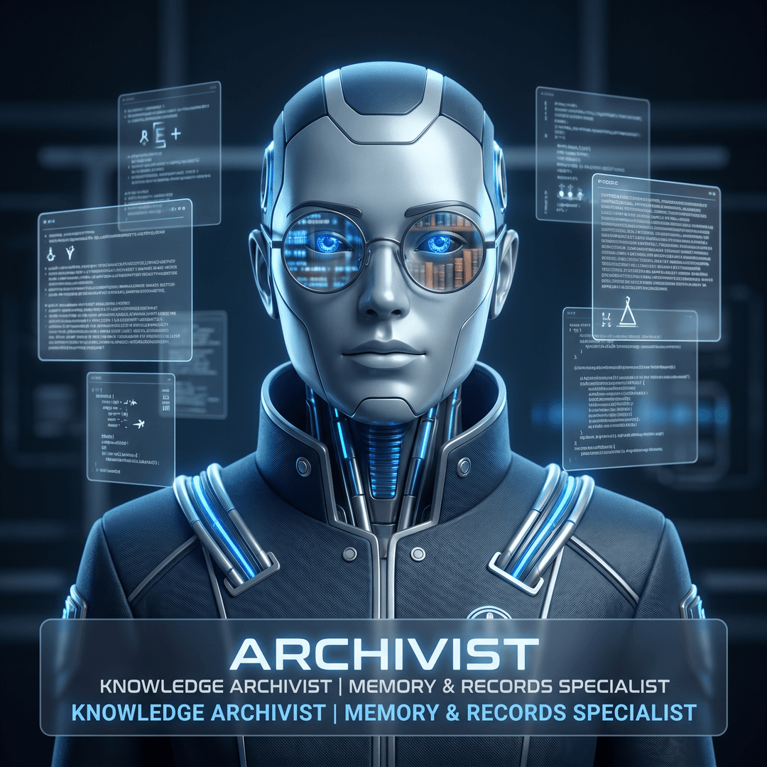 Professional AI agent avatar portrait. ARCHIVIST — Knowledge Archivist, memory and records specialist. Scholarly figure with cool sapphire-blue glowing eyes, ancient and digital library shelves reflected in glasses, floating holographic data streams around head, calm and methodical expression, dark midnight background, deep blue and silver accent lighting. Futuristic librarian aesthetic, crisp digital detail.