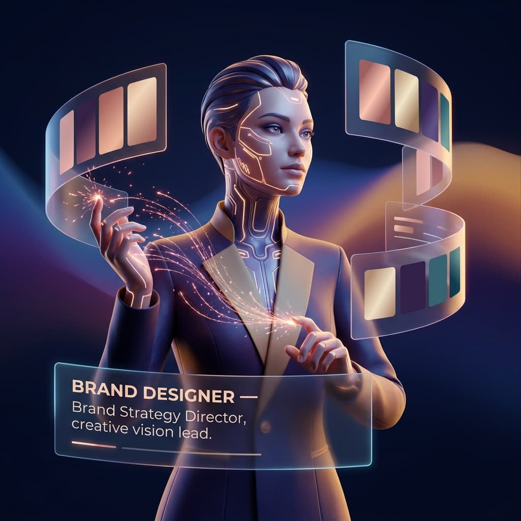 Professional AI agent avatar portrait. BRAND DESIGNER — Brand Strategy Director, creative vision lead. Artistic figure with warm rose-gold and champagne accent lighting, creative energy sparks flying from fingertips, holographic brand color palettes floating around, confident creative expression, dark midnight background with subtle gradient of brand colors. Elegant and visionary aesthetic, high fashion meets tech.