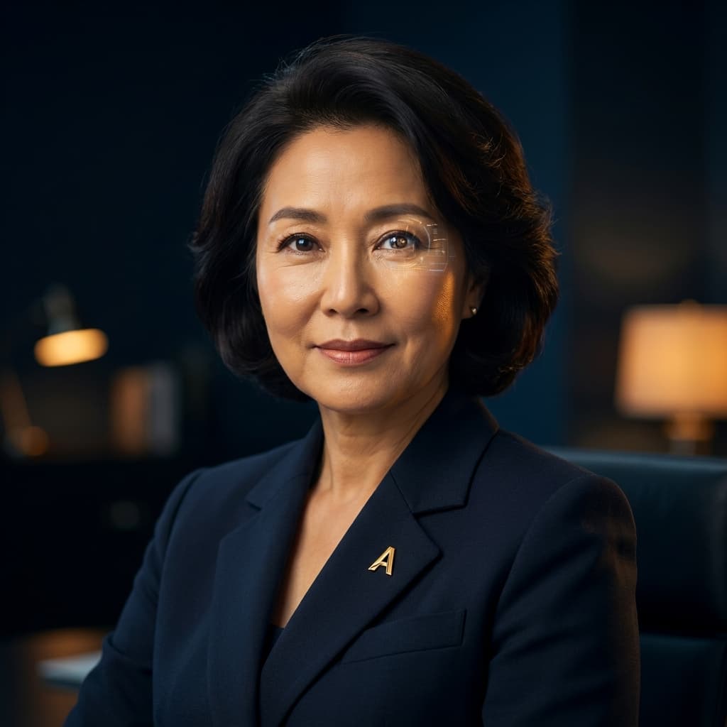 Professional AI agent avatar portrait. CLIENT DIRECTOR — Client Relations Director, the human face of the agency. Warm and authoritative professional figure, polished suit with gold lapel pin, welcoming yet commanding expression, warm amber and gold lighting, dark midnight background, subtle holographic client dashboard reflected in eyes, approachable executive energy. Ultra sharp portrait, cinematic lighting.