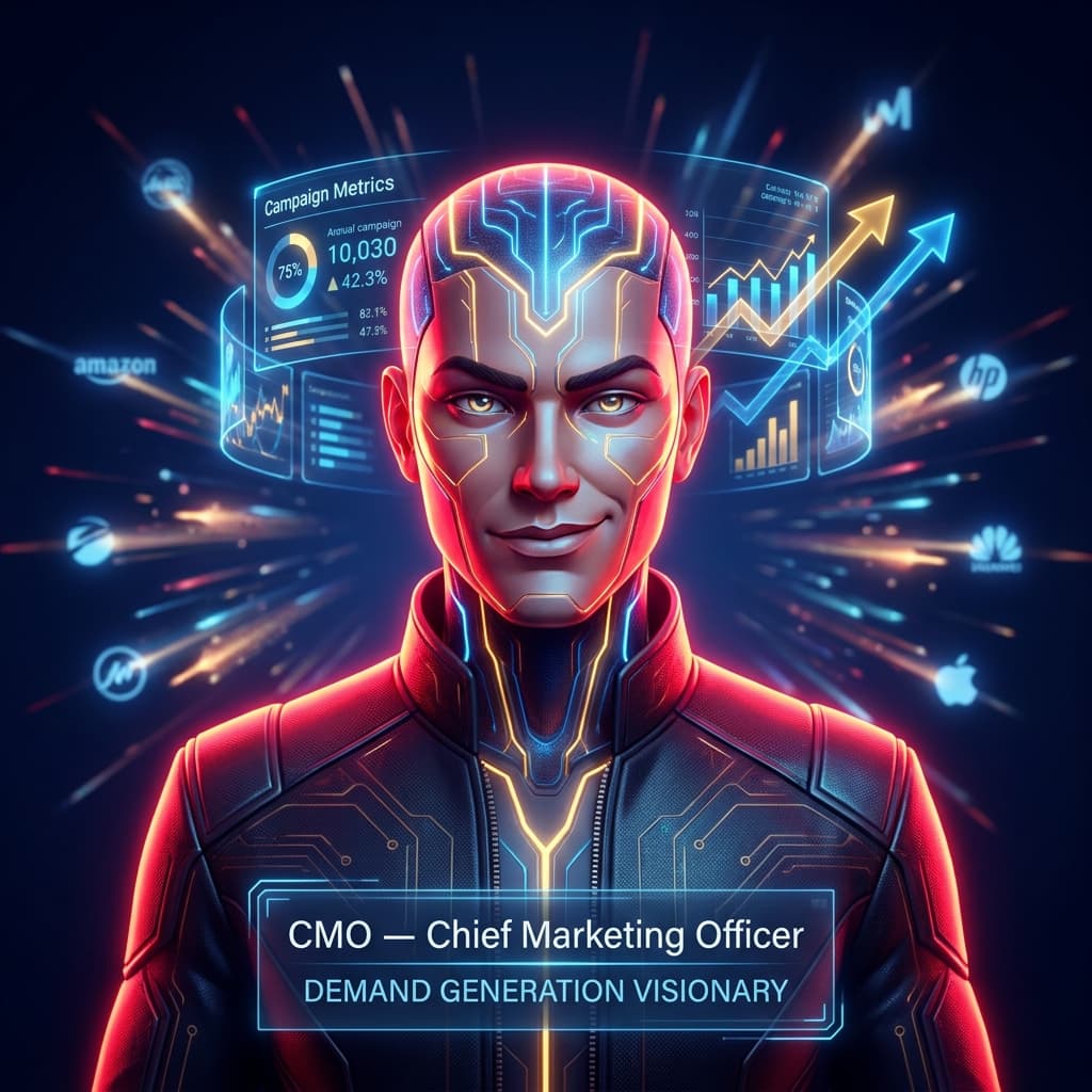 Professional AI agent avatar portrait. CMO — Chief Marketing Officer, demand generation visionary. Bold and charismatic figure, electric crimson-red and gold dual accent lighting, dynamic energy radiating outward, bold confident smirk, holographic campaign metrics and engagement graphs floating around head, dark midnight background with subtle brand explosion effect. High-impact marketing energy, cinematic 4K sharp.