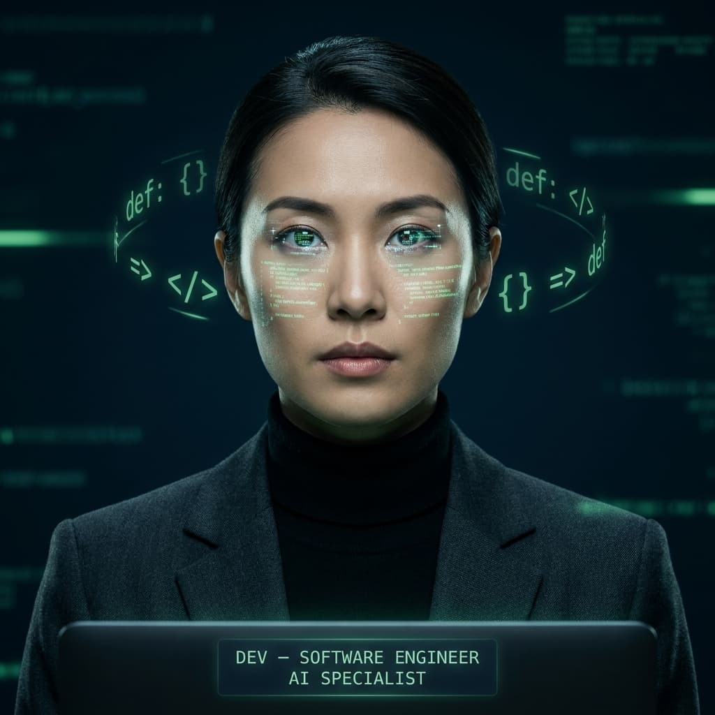 Professional AI agent avatar portrait. DEV — Software Engineer AI specialist. Technical figure with emerald green code symbols reflected in eyes, professional dark jacket, focused precise expression, dark midnight background, terminal green accent lighting, floating syntax brackets and function symbols orbiting the frame. Engineering precision meets corporate AI aesthetic, ultra sharp 4K portrait.
