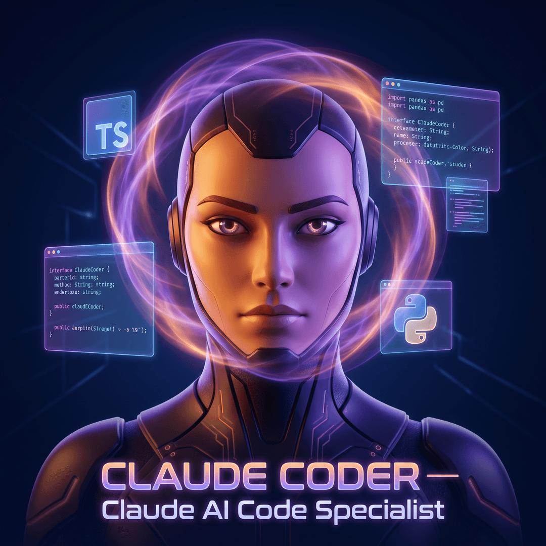Professional AI agent avatar portrait. CLAUDE CODER — Claude AI Code Specialist. Figure with warm amber and violet dual-tone lighting, Claude anthropic purple-orange energy field around head, precise focused gaze, dark midnight background, holographic code editor panels floating, TypeScript and Python symbols glowing, clean professional tech look. Ultra sharp 4K.