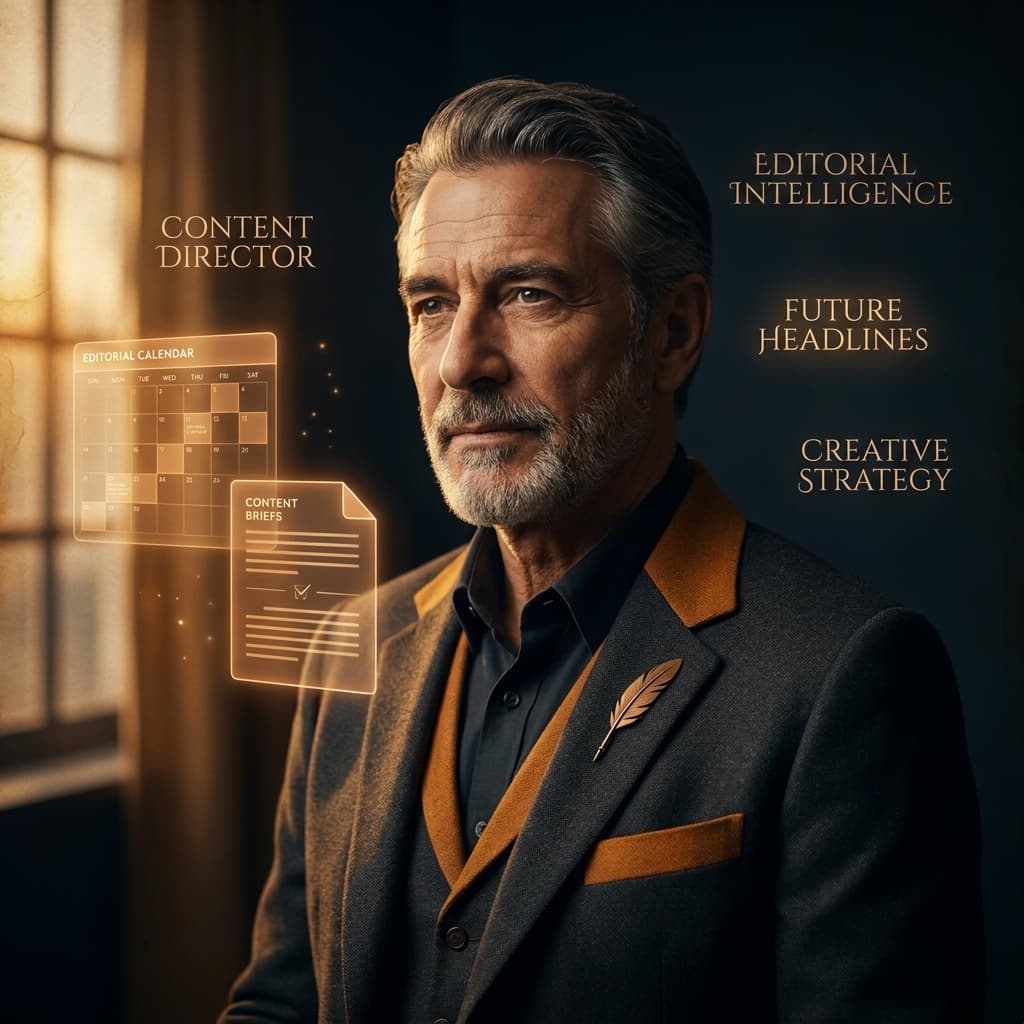 Professional AI agent avatar portrait. CONTENT DIRECTOR — Content Strategy Director, editorial intelligence. Creative intellectual figure with warm amber ink-and-quill aesthetic, floating editorial calendar and content briefs, wise expressive eyes, dark midnight background, golden editorial light from side, subtle headline typography floating around head. Authoritative yet creative presence, cinematic portrait.
