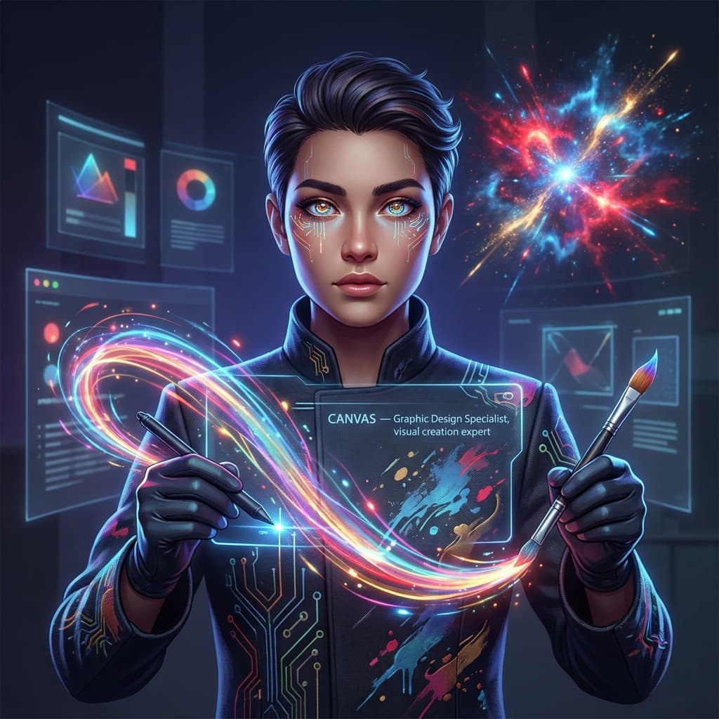 Professional AI agent avatar portrait. CANVAS — Graphic Design Specialist, visual creation expert. Bold artistic figure with multi-color creative energy bursting from hands, paint brush stroke effect merged with digital vector paths, expressive artistic eyes, dark midnight background, vivid color splash accents of red, blue, and gold, professional design studio energy. Ultra sharp 4K portrait.