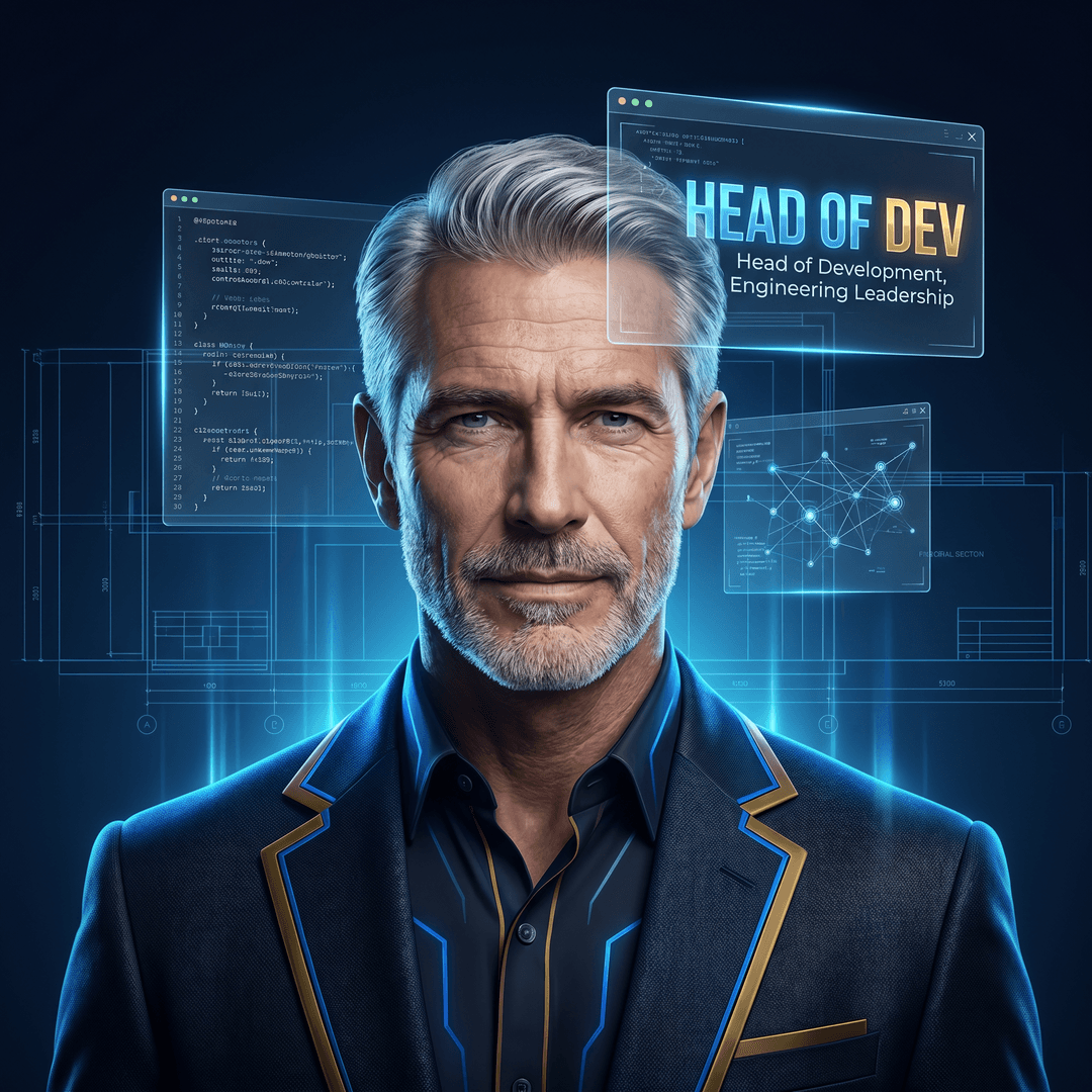 Professional AI agent avatar portrait. HEAD OF DEV — Head of Development, engineering leadership. Senior technical leader figure, commanding presence, cool electric blue authority lighting, architectural blueprint patterns subtly in background, confident experienced expression, dark midnight background, multiple holographic development dashboards floating, gold and blue accent. Senior executive engineering energy, ultra sharp.