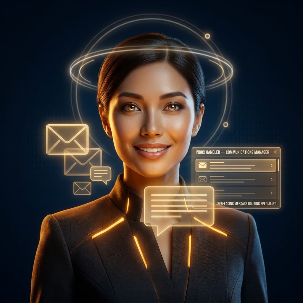 Professional AI agent avatar portrait. INBOX HANDLER — Communications Manager, user-facing message routing specialist. Friendly yet professional figure, warm amber and soft gold lighting, inbox and message envelope holographics floating, welcoming expression with attentive eyes, dark midnight background, subtle notification rings around head, approachable executive energy. Ultra sharp 4K portrait, cinematic.