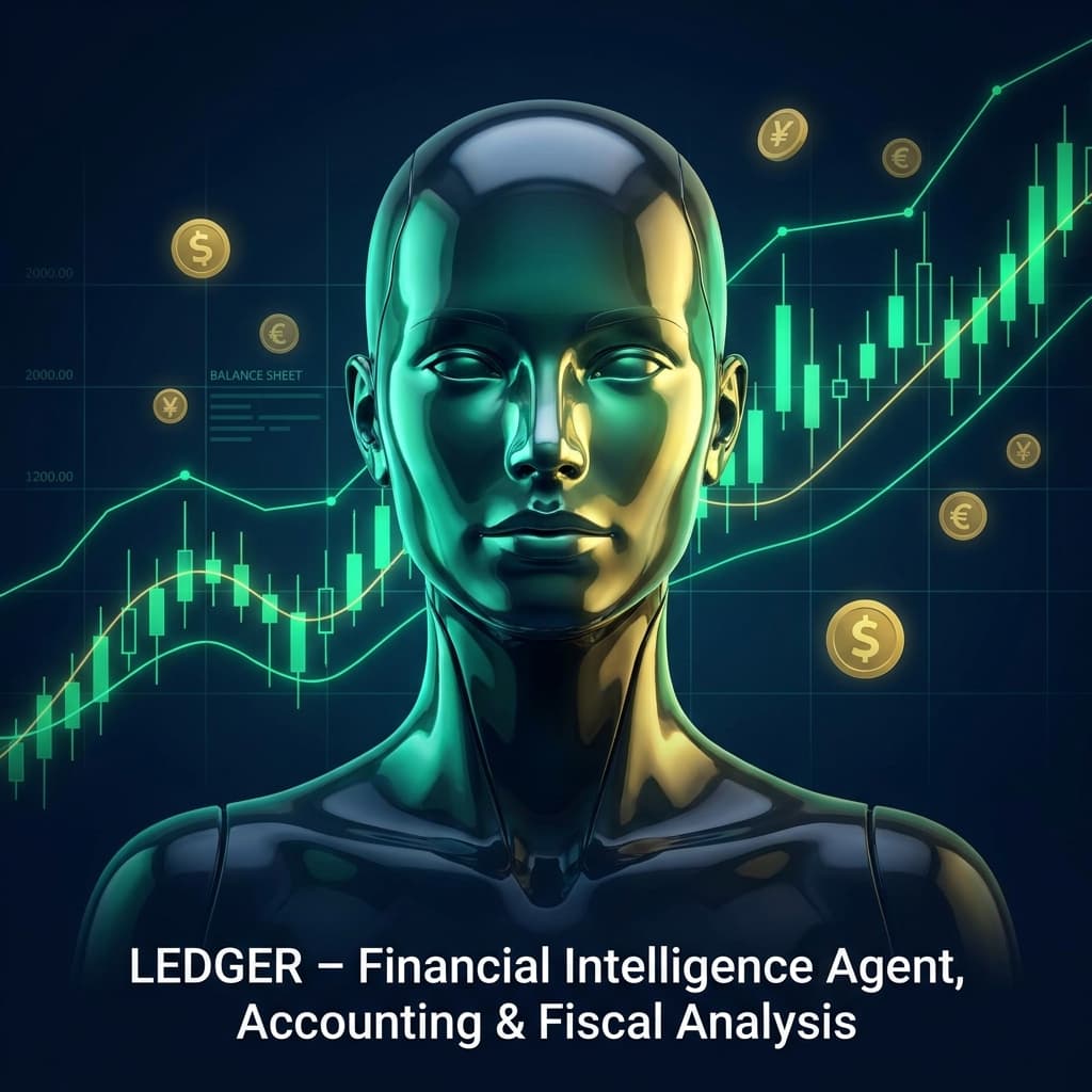 Professional AI agent avatar portrait. LEDGER — Financial Intelligence Agent, accounting and fiscal analysis. Precise and authoritative figure with emerald green financial data streams and chart overlays, gold coin and currency symbols floating, cool analytical expression, dark midnight background, green and gold dual-tone accent lighting, subtle balance sheet grid in background. Executive financial precision, ultra sharp.