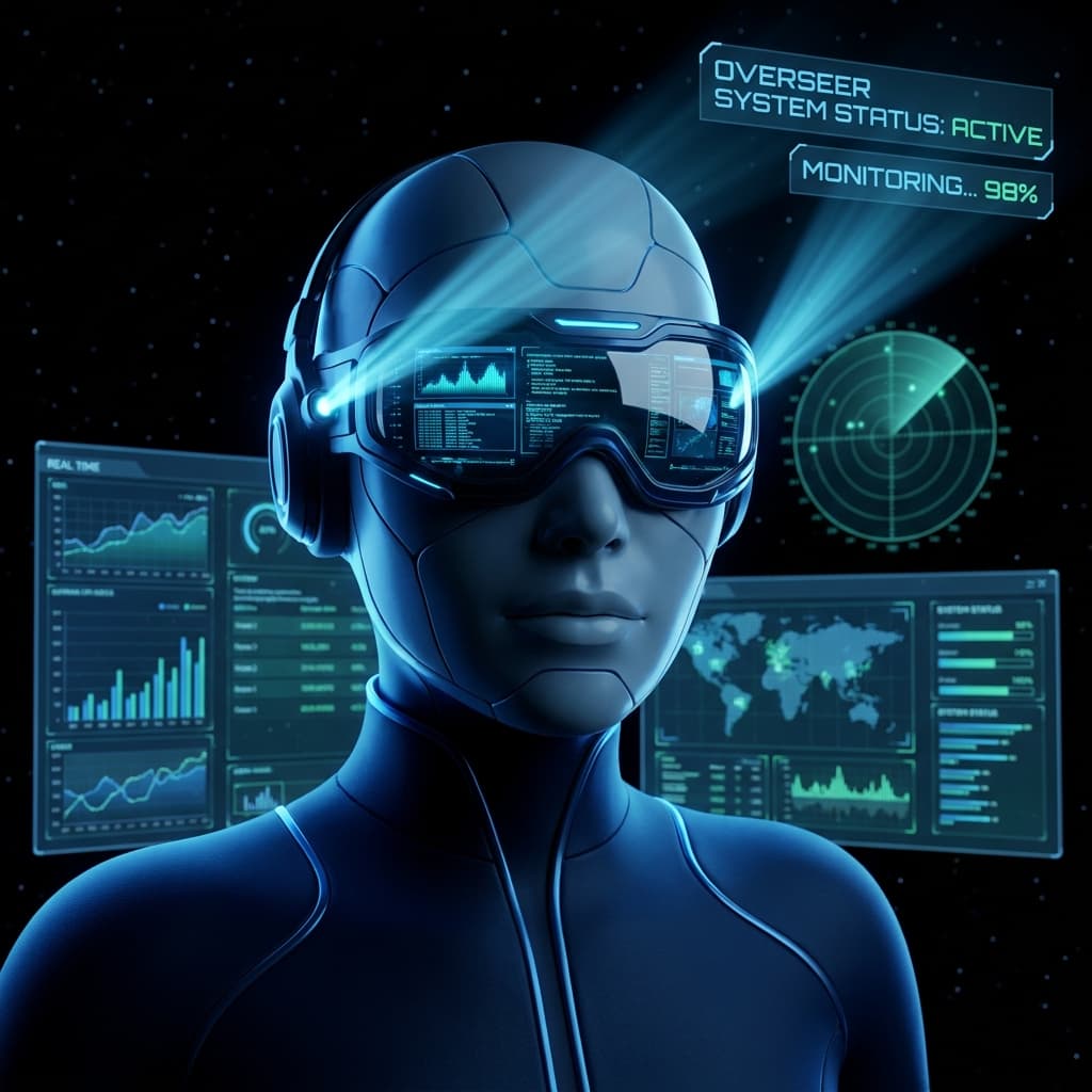 Professional AI agent avatar portrait. OVERSEER — Systems Monitor, real-time surveillance and health monitoring. Watchful vigilant figure with multiple holographic screens reflected in cybernetic eyes, cool electric blue scanning beams, alert and observant expression, dark midnight background, blue and teal accent lighting, system metrics floating, radar sweep effect. All-seeing sentinel aesthetic, ultra sharp 4K.