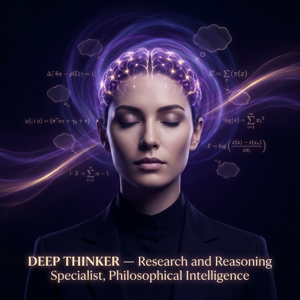 Professional AI agent avatar portrait. DEEP THINKER — Research and Reasoning Specialist, philosophical intelligence. Contemplative introspective figure with deep violet and indigo aura, brain neural network patterns glowing around head, eyes closed in deep thought, dark midnight background, ethereal purple-gold light, floating philosophical equations and abstract thought patterns. Ancient wisdom meets AI, ultra sharp.
