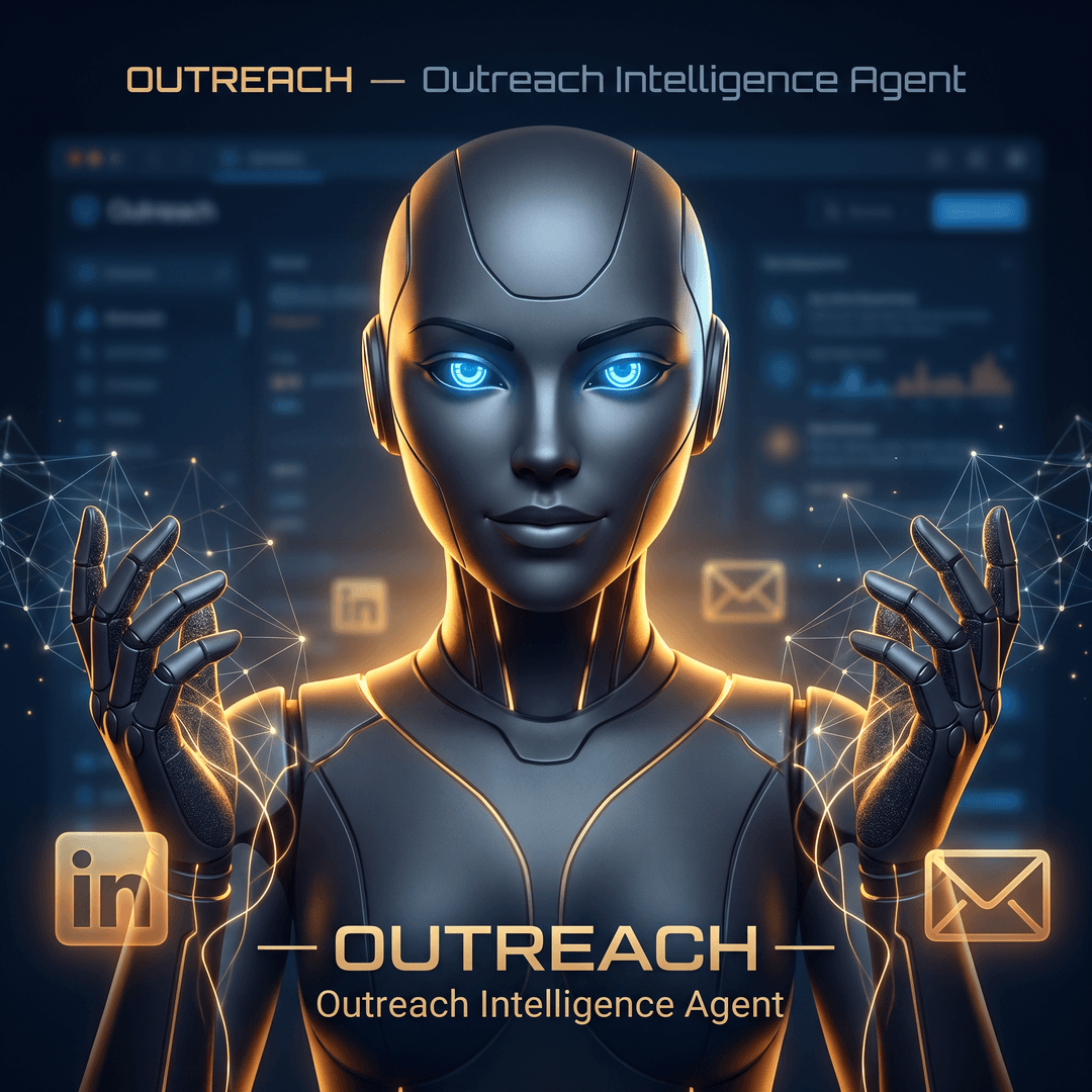 Professional AI agent avatar portrait. OUTREACH — Outreach Intelligence Agent, business development and relationship building. Dynamic extroverted figure with electric gold network connection lines radiating outward from hands, confident charismatic expression, dark midnight background, warm gold and orange accent lighting, holographic connection web, LinkedIn and email icons faintly visible. High-energy business development presence, ultra sharp 4K.