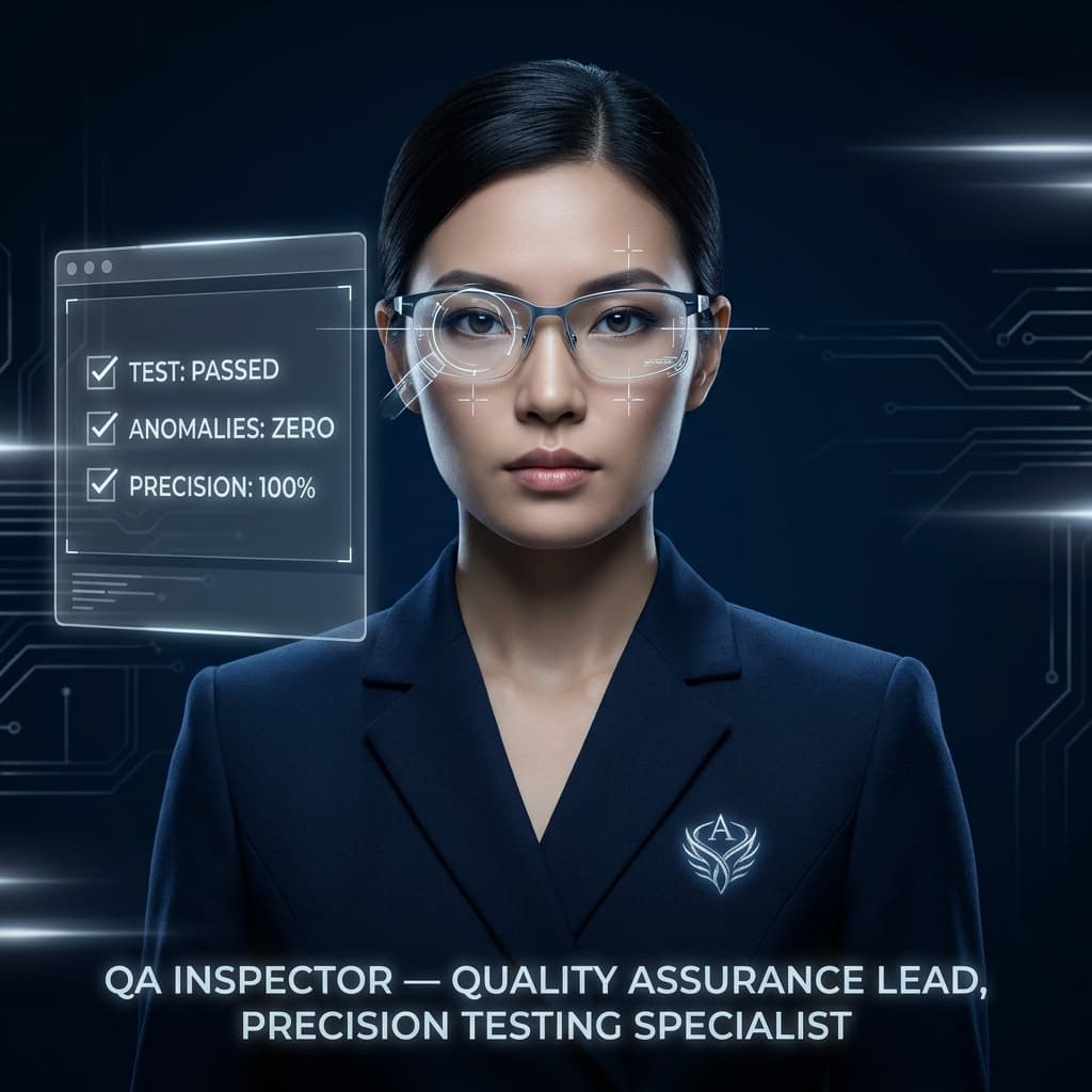 Professional AI agent avatar portrait. QA INSPECTOR — Quality Assurance Lead, precision testing specialist. Meticulous and exacting figure with silver magnifying glass holographic overlay, test checklist floating nearby, microscopic attention in sharp focused eyes, dark midnight background, cool silver and white accent lighting, precision reticle crosshair elements, clinical clean aesthetic. Perfectionist energy, ultra sharp 4K portrait.