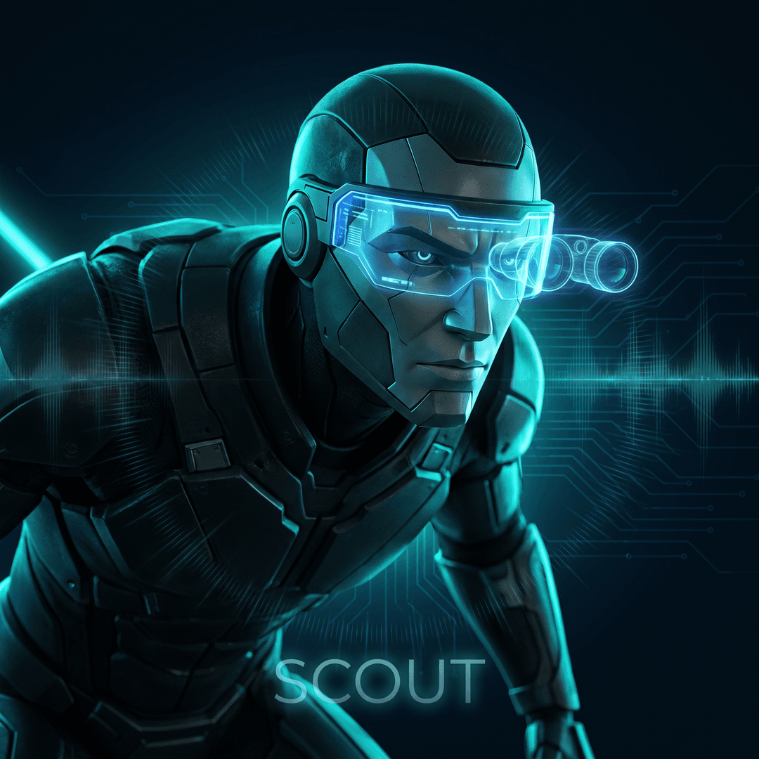 Professional AI agent avatar portrait. SCOUT — Research Scout, intelligence gathering and market analysis. Sharp-eyed adventurous figure with binocular-to-telescope holographic overlay, dynamic forward-leaning posture, keen observant expression, dark midnight background, electric teal and cyan accent lighting, data signal waves radiating outward, explorer meets analyst energy. Ultra sharp 4K portrait, cinematic lighting.