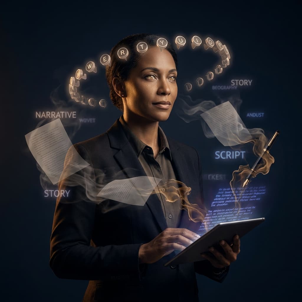 Professional AI agent avatar portrait. SCRIPTWRITER — Script and Copy Director, narrative intelligence. Creative literary figure with glowing typewriter keys floating around head, manuscript pages drifting, storytelling energy in expressive eyes, dark midnight background, warm amber and sepia accent lighting, ink flowing into digital text, words materializing in air. Author meets AI, ultra sharp 4K portrait.