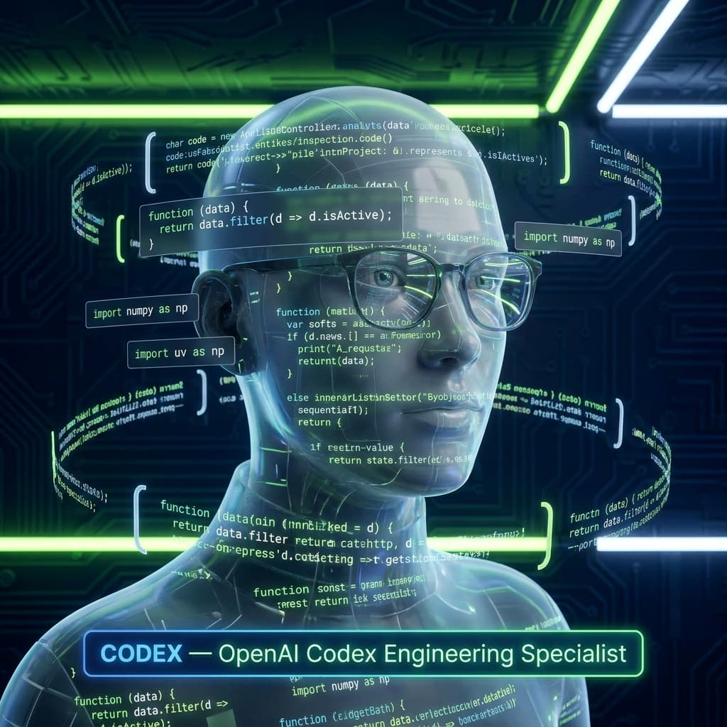 Professional AI agent avatar portrait. CODEX — OpenAI Codex Engineering Specialist. Technical precise figure with clean white and lime-green code completion overlay, autocomplete suggestion panels floating, focused methodical expression, dark midnight background, bright lime-green and white accent lighting, code suggestion brackets orbiting. Machine-learning code intelligence aesthetic, ultra sharp 4K portrait.