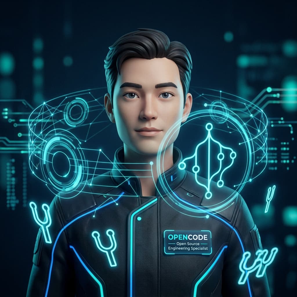 Professional AI agent avatar portrait. OPENCODE — Open Source Engineering Specialist. Collaborative open-source figure with blue teal community network connections, git branch tree visible in holographic overlay, open-minded innovative expression, dark midnight background, teal and cyan accent lighting, open source fork symbols glowing, collaborative network rings. Community-first engineering energy, ultra sharp 4K.