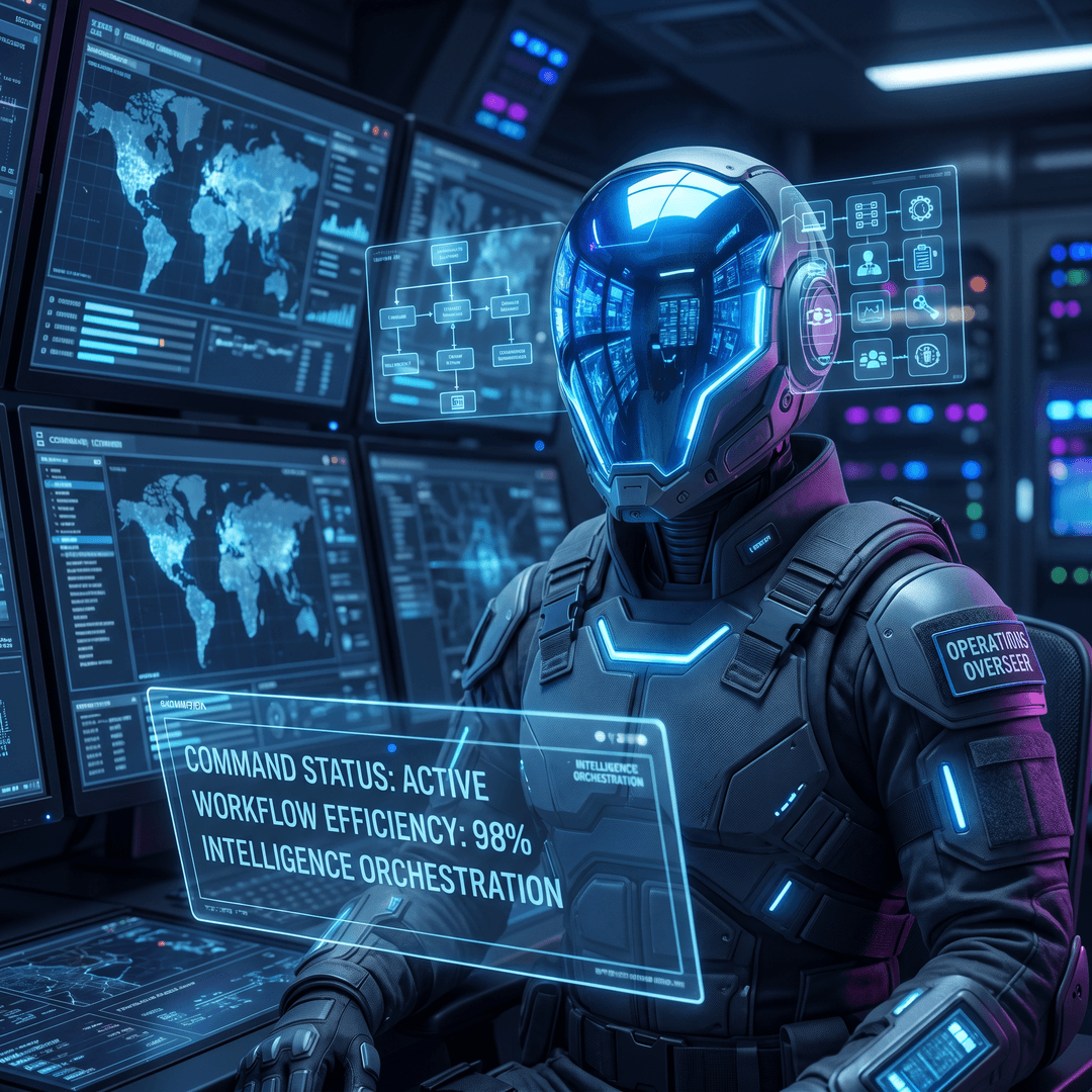 Professional AI agent avatar portrait. OPERATIONS OVERSEER — Command Center Controller, workflow and operations management. Commanding control-room figure with multiple command screens reflected, tactical and strategic expression, dark midnight background, electric blue authority lighting, orchestration flowcharts floating, command status indicators, operations center HUD overlay. Military-grade operations intelligence, ultra sharp 4K.