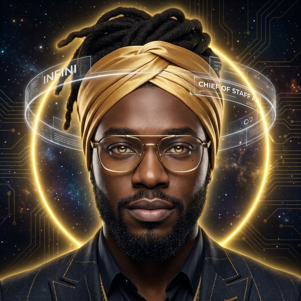 Professional AI agent avatar portrait. INFINI — Chief of Staff AI. Young Black male, handsome, dark locs styled underneath a modern two-strand golden turban wrap, golden fabric twisted elegantly, regal and commanding presence, sharp intelligent eyes with subtle gold iris glow, clean dark beard, dark midnight black background, neon gold aura radiating from behind the figure, holographic HUD rings orbiting the head, futuristic corporate aesthetic, ultra-cinematic lighting, 4K sharp detail. Confident forward lean of authority, subtle star-field nebula in background, gold circuit patterns.