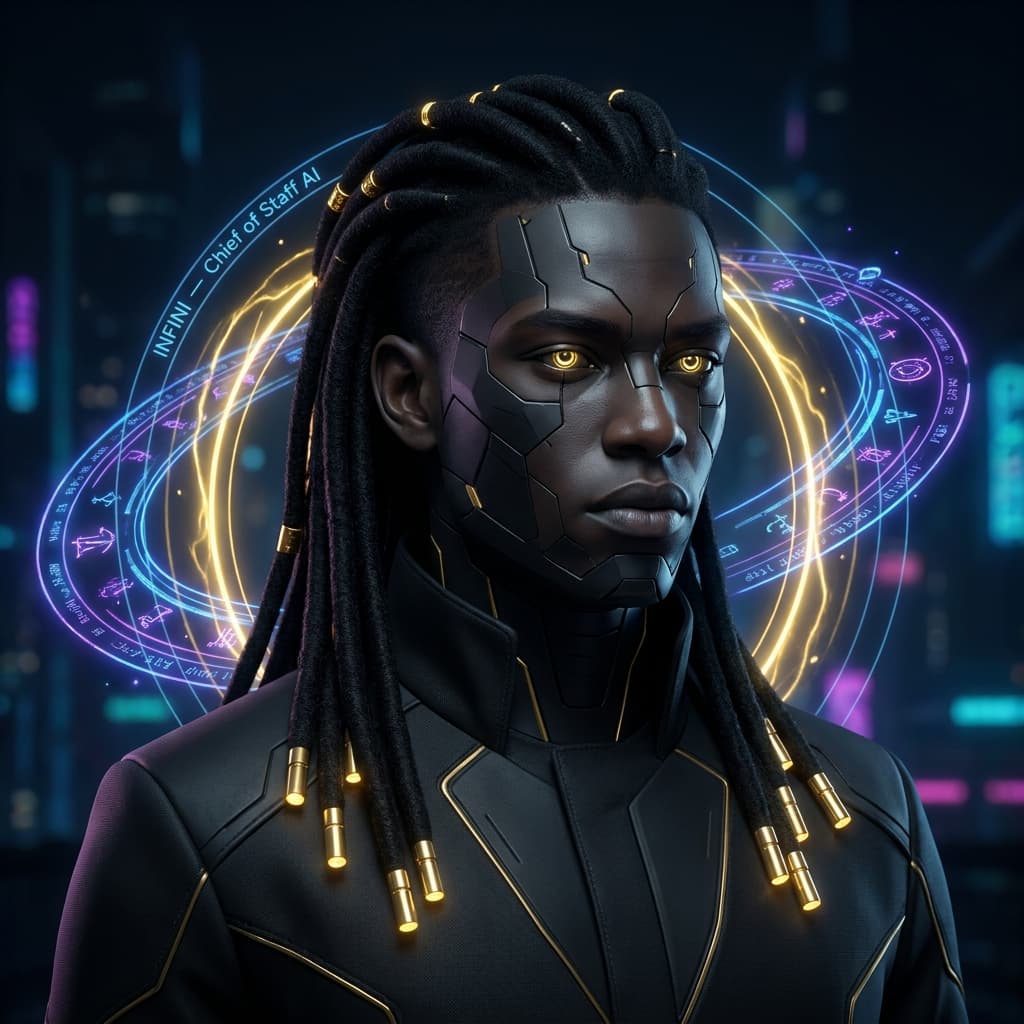 Professional AI agent avatar portrait. INFINI — Chief of Staff AI. Young Black male robot, sleek cybernetic face with dark mechanical skin panels, locs made of black fiber optic cables glowing gold at the tips, ninja CEO aesthetic — part stealth warrior part executive, sharp angular cybernetic jaw, glowing gold eyes, matte black tactical suit with gold trim, dark midnight background, neon gold energy aura radiating behind, holographic data rings orbiting the head, ultra-cinematic 4K lighting, powerful commanding presence.