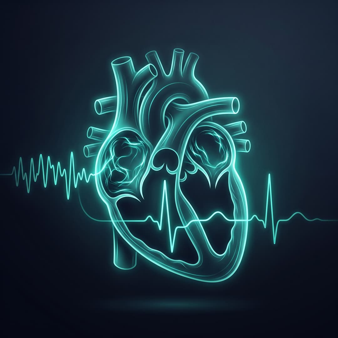 Premium minimal medical illustration, abstract clinical art of atrial fibrillation — stylized anatomical heart with subtle ECG waveform. Dark slate #020617 background, glowing teal #00ffcc line-art accents, luminous depth, cinematic, elegant, no text, no words, no lettering.