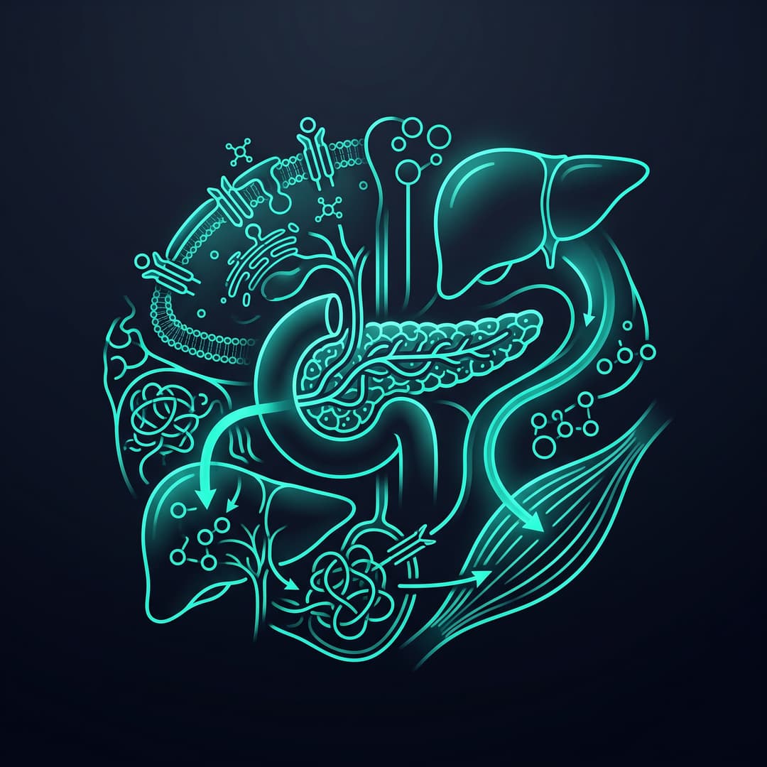 Anatomical / clinical motif representing the disease "Type 2 Diabetes Mellitus" — a stylized anatomical or histological form. premium minimal medical illustration, abstract clinical art, dark slate #020617 background, glowing teal #00ffcc line-art accents, luminous depth, cinematic, elegant, high detail, no text, no words, no lettering, no captions, no watermark. Centered composition.