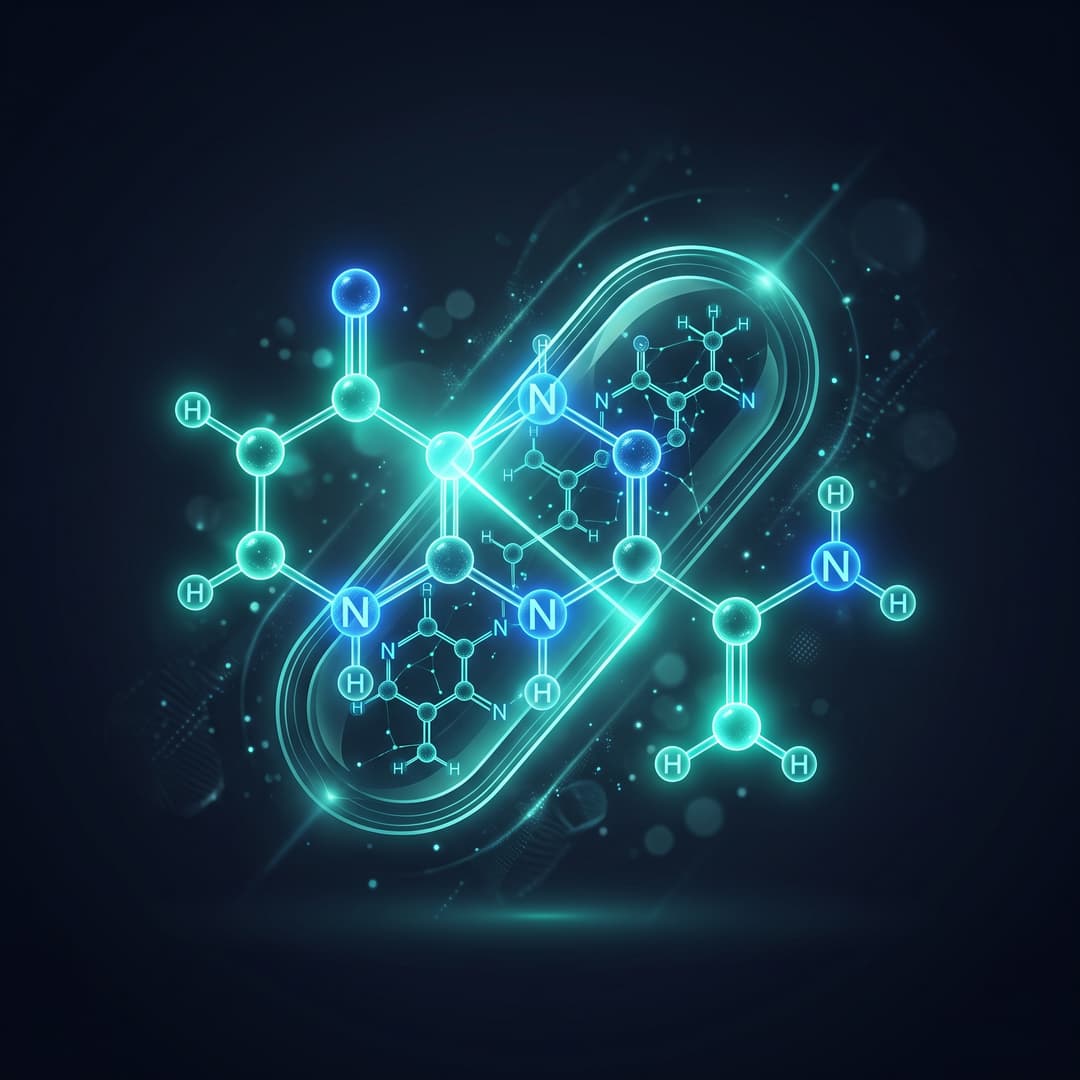 A glowing molecular structure / pill / capsule motif representing the drug or therapy "Metformin". premium minimal medical illustration, abstract clinical art, dark slate #020617 background, glowing teal #00ffcc line-art accents, luminous depth, cinematic, elegant, high detail, no text, no words, no lettering, no captions, no watermark. Centered composition.