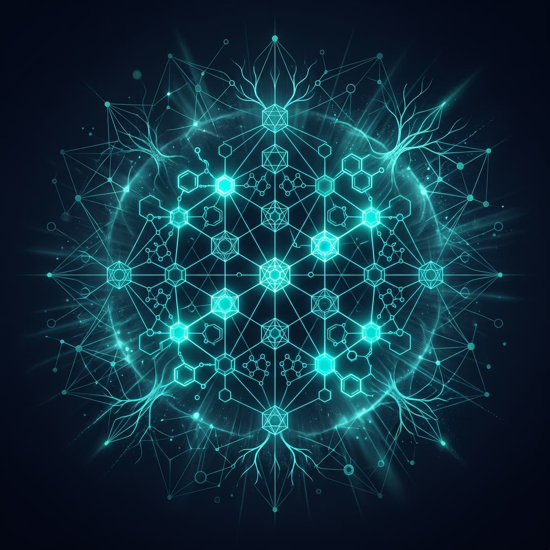 An abstract conceptual motif representing the medical concept "HbA1c (Glycated Haemoglobin)" — elegant geometric neural / network forms. premium minimal medical illustration, abstract clinical art, dark slate #020617 background, glowing teal #00ffcc line-art accents, luminous depth, cinematic, elegant, high detail, no text, no words, no lettering, no captions, no watermark. Centered composition.