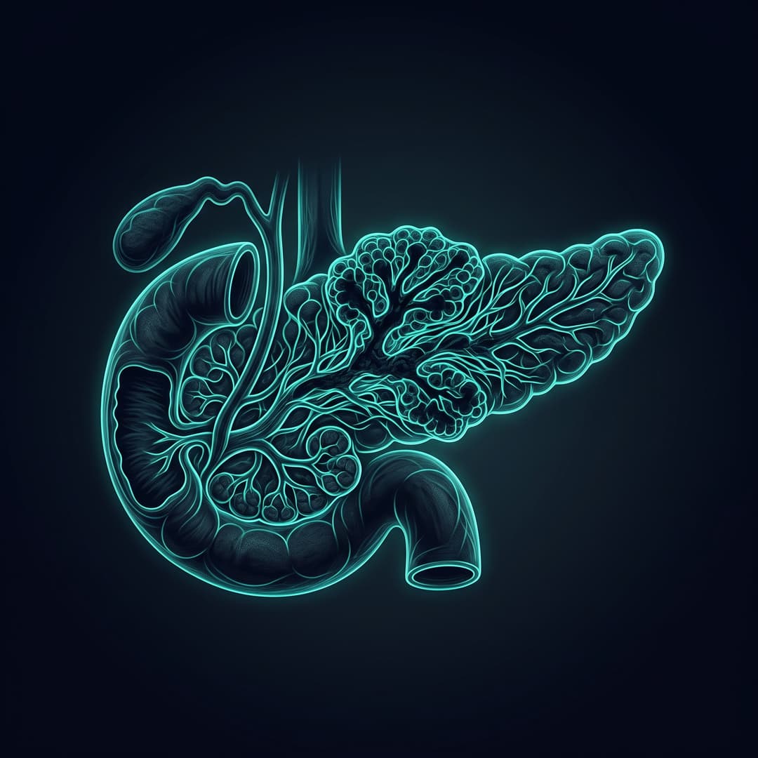 Anatomical / clinical motif representing the disease "Pancreatic Adenocarcinoma" — a stylized anatomical or histological form. premium minimal medical illustration, abstract clinical art, dark slate #020617 background, glowing teal #00ffcc line-art accents, luminous depth, cinematic, elegant, high detail, no text, no words, no lettering, no captions, no watermark. Centered composition.
