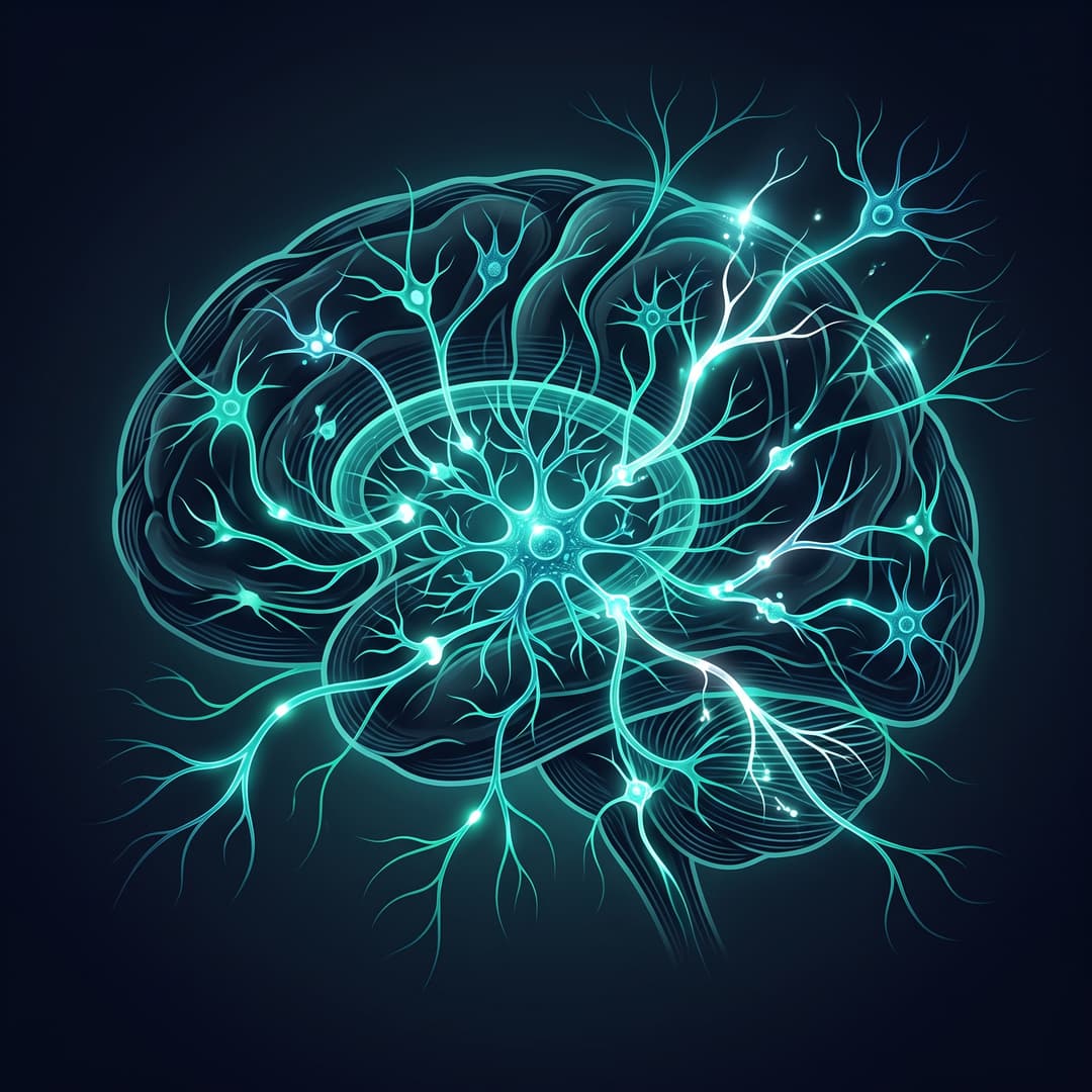 A stylized physiological / anatomical motif representing "Neuroplasticity". premium minimal medical illustration, abstract clinical art, dark slate #020617 background, glowing teal #00ffcc line-art accents, luminous depth, cinematic, elegant, high detail, no text, no words, no lettering, no captions, no watermark. Centered composition.