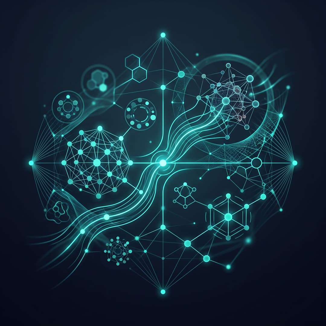 An abstract conceptual motif representing the medical concept "Research: Does metformin reduce cancer risk in type 2 diabetes?" — elegant geometric neural / network forms. premium minimal medical illustration, abstract clinical art, dark slate #020617 background, glowing teal #00ffcc line-art accents, luminous depth, cinematic, elegant, high detail, no text, no words, no lettering, no captions, no watermark. Centered composition.