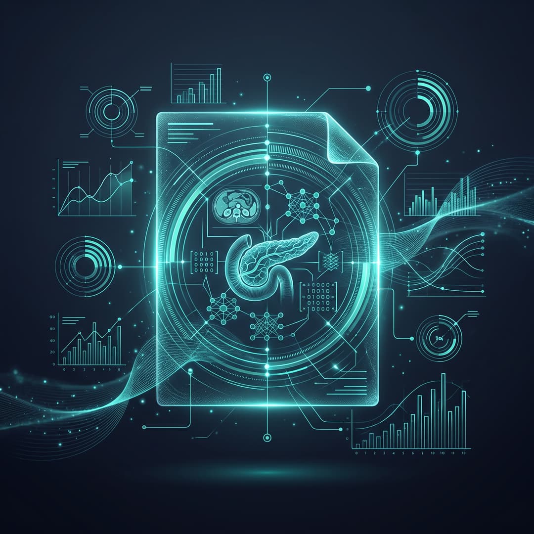 An abstract research-paper / data motif representing the evidence "Deep-learning CT model for early pancreatic adenocarcinoma detection" — floating document, charts, data streams. premium minimal medical illustration, abstract clinical art, dark slate #020617 background, glowing teal #00ffcc line-art accents, luminous depth, cinematic, elegant, high detail, no text, no words, no lettering, no captions, no watermark. Centered composition.