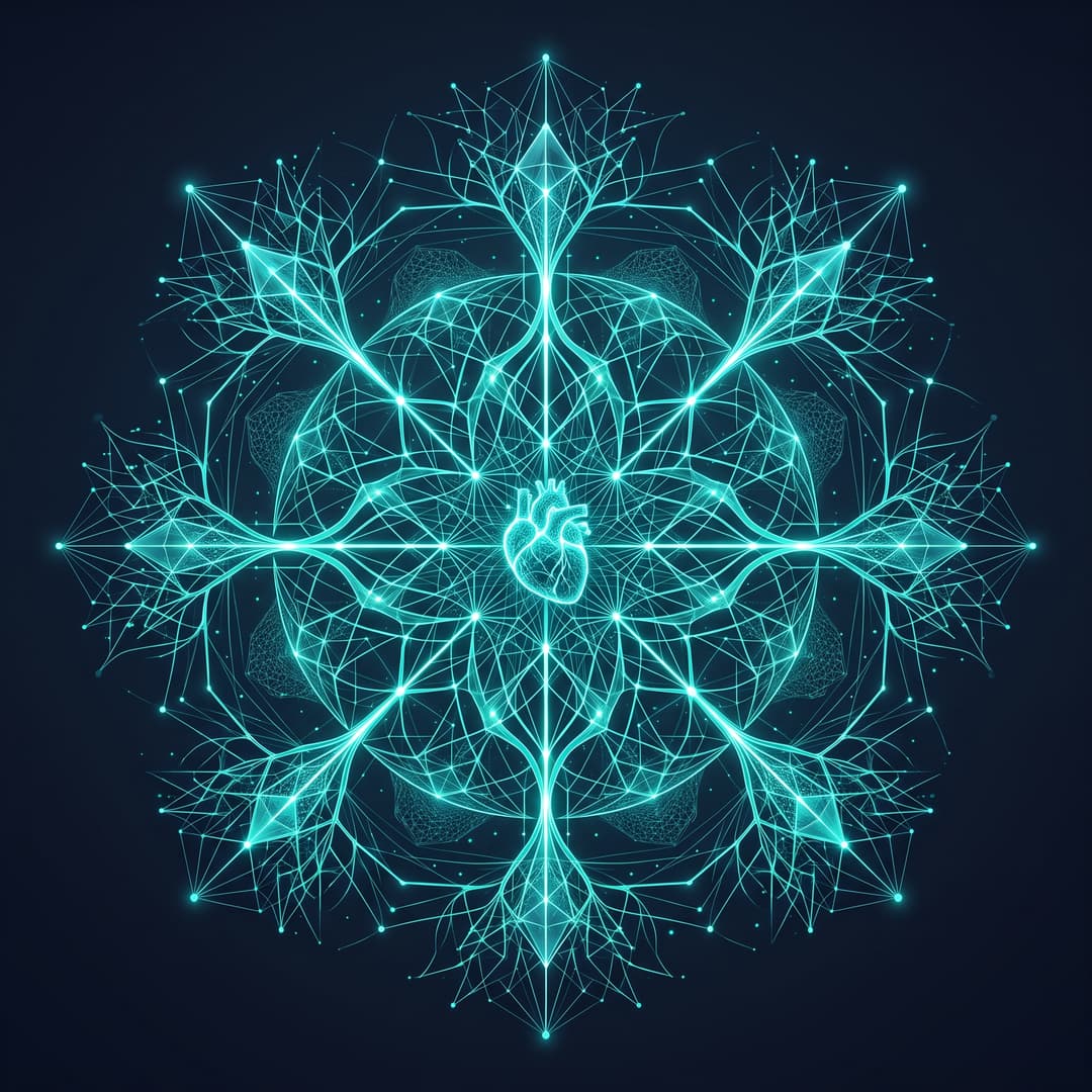 An abstract conceptual motif representing the medical concept "CHA2DS2-VASc Score" — elegant geometric neural / network forms. premium minimal medical illustration, abstract clinical art, dark slate #020617 background, glowing teal #00ffcc line-art accents, luminous depth, cinematic, elegant, high detail, no text, no words, no lettering, no captions, no watermark. Centered composition.