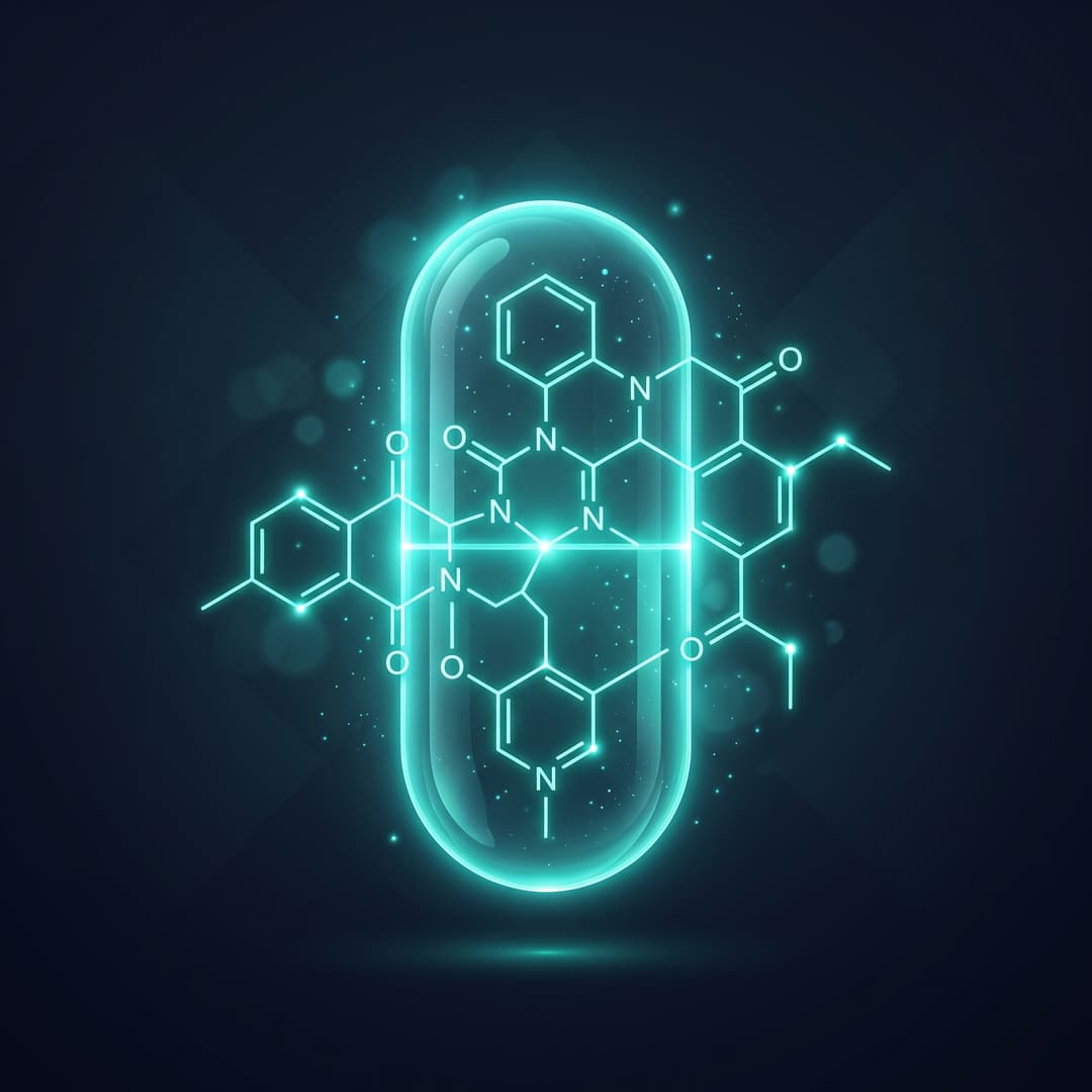 A glowing molecular structure / pill / capsule motif representing the drug or therapy "Apixaban". premium minimal medical illustration, abstract clinical art, dark slate #020617 background, glowing teal #00ffcc line-art accents, luminous depth, cinematic, elegant, high detail, no text, no words, no lettering, no captions, no watermark. Centered composition.