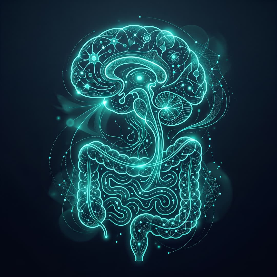 An abstract conceptual motif representing the medical concept "Gut–Brain Axis" — elegant geometric neural / network forms. premium minimal medical illustration, abstract clinical art, dark slate #020617 background, glowing teal #00ffcc line-art accents, luminous depth, cinematic, elegant, high detail, no text, no words, no lettering, no captions, no watermark. Centered composition.