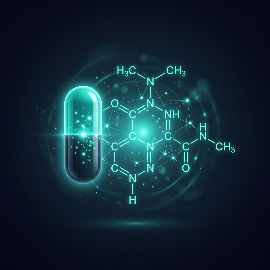 A glowing molecular structure / pill / capsule motif representing the drug or therapy "Metformin". premium minimal medical illustration, abstract clinical art, dark slate #020617 background, glowing teal #00ffcc line-art accents, luminous depth, cinematic, elegant, high detail, no text, no words, no lettering, no captions, no watermark. Centered composition.