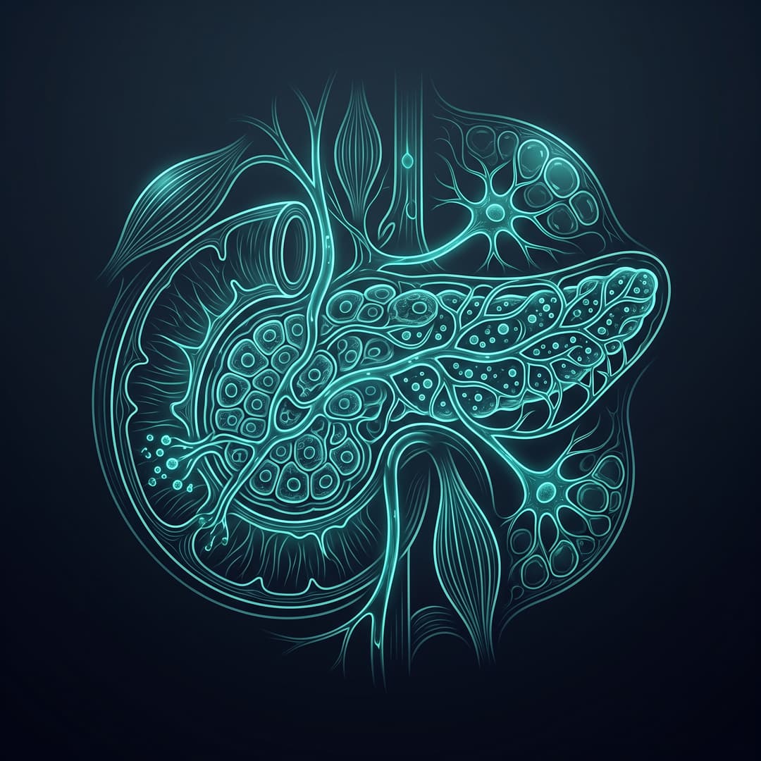 Anatomical / clinical motif representing the disease "Type 2 Diabetes Mellitus" — a stylized anatomical or histological form. premium minimal medical illustration, abstract clinical art, dark slate #020617 background, glowing teal #00ffcc line-art accents, luminous depth, cinematic, elegant, high detail, no text, no words, no lettering, no captions, no watermark. Centered composition.