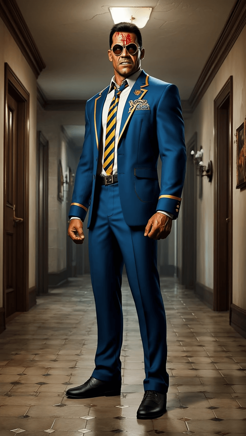 a full-body, photorealistic, high-detail portrait of live‑action Shaggy Rogers (Matthew Lillard) standing in a spooky mansion hallway, cinematic lighting