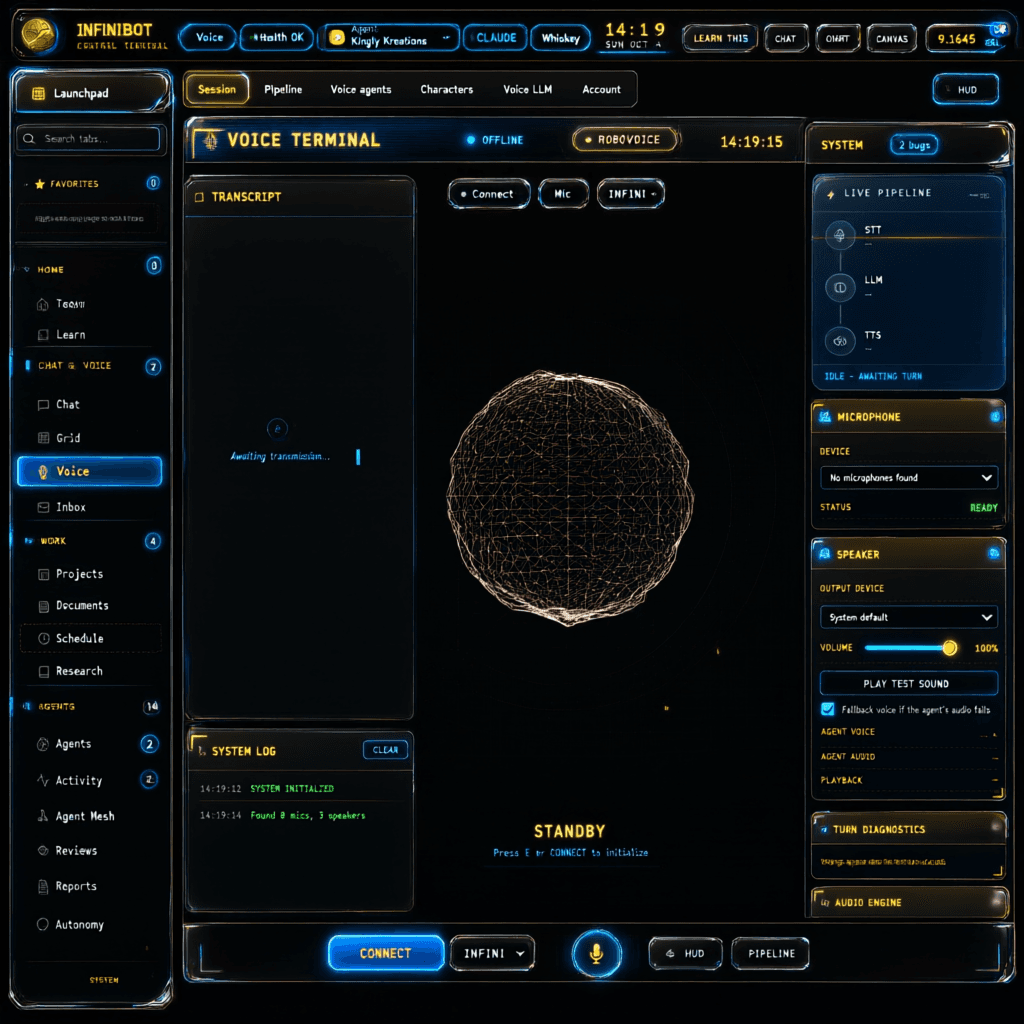 revamp the UI while keeping the black and gold color theme and preserving the central blob unchanged; transform the surrounding elements into a realistic futuristic holographic terminal with transparent panels, neon blue accents, and sleek chrome edges, but maintain the overall black‑gold aesthetic