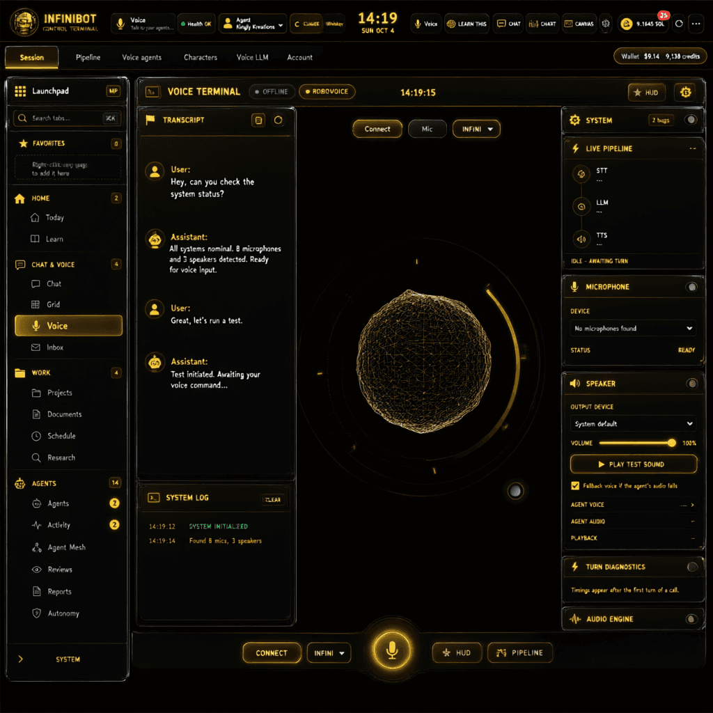 revamp the UI keeping the black and gold theme only (no blue), preserve the central blob unchanged, subtly enhance surrounding elements into a realistic holographic terminal with transparent black panels, gold accents and chrome edges; add a mock transcript at the bottom showing a short chat between user and assistant in the same style, keep overall layout similar to original