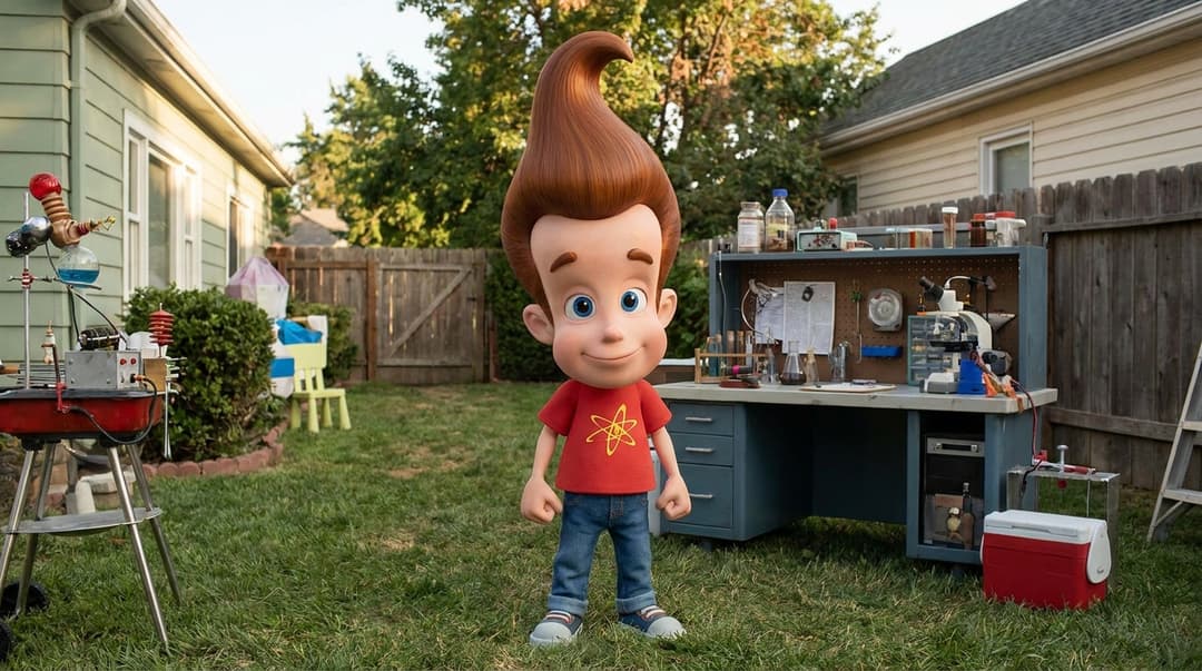 Photo realistic real life version of Jimmy Neutron with his large head iconic hairstyle and outfit 