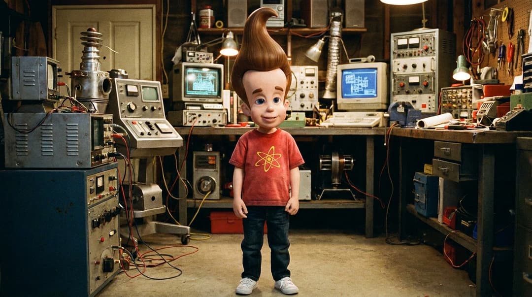 Create an ultra-photorealistic, live-action interpretation of Jimmy Neutron as if he were a real human being photographed in the real world.

He is a young boy with Jimmy Neutron’s unmistakable character design translated carefully into believable human anatomy. His most important feature is his dramatically oversized head: an unusually large, tall cranium with a broad upper skull and slightly smaller lower face, exaggerated enough to instantly evoke Jimmy Neutron while still looking anatomically plausible and physically real. Do NOT give him a normal-sized human head.

Recreate his iconic towering brown hairstyle using real individual strands of hair. His thick chestnut-brown hair rises extremely high above his forehead in Jimmy’s signature sculpted swirl/pompadour shape, with a pronounced upward curve and swept-back peak. The hairstyle should have realistic follicles, flyaway hairs, natural density, subtle imperfections, and believable highlights rather than looking like a solid cartoon shape.

His face has youthful proportions, large expressive blue eyes, slightly prominent ears, a small nose, soft cheeks, natural lips, realistic eyebrows, subtle freckles and pores, and genuine human skin texture. Preserve the recognizable intelligent, energetic Jimmy Neutron expression without making him look like a caricature or mascot.

He wears a realistic live-action recreation of Jimmy Neutron’s iconic outfit: a bright red short-sleeve T-shirt featuring the yellow atom symbol across the chest, dark blue jeans, a brown belt, and clean white sneakers with red accents. The clothing is physically real fabric with visible stitching, cotton texture, natural wrinkles, seams, folds, and realistic fit.

Full-body cinematic character portrait, standing naturally in a believable suburban science-lab environment. Behind him are sophisticated homemade inventions, electronic equipment, monitors, wires, metallic machinery, tools, glowing indicators, and experimental gadgets, all grounded in realistic engineering and practical set design.

Shot as if this were a big-budget live-action film adaptation. Real human actor, practical wardrobe, practical hairstyle, physically based materials, extremely detailed skin, realistic subsurface scattering, natural facial asymmetry, individual eyelashes, realistic eye reflections, detailed hair strands, cinematic depth of field, physically accurate global illumination, subtle atmospheric depth, natural shadows, realistic lens characteristics.

35mm cinema lens, slightly low camera angle to emphasize the enormous head and towering hairstyle, shallow depth of field, dramatic but believable cinematic lighting, high dynamic range, extremely detailed photography, natural filmic color grading, sharp facial focus, subtle film grain, 8K production still quality.

The final result must look like an actual photograph of a real child actor portraying Jimmy Neutron on the set of a premium live-action movie — NOT animation, NOT Pixar-style, NOT 3D-rendered, NOT a wax figure, NOT a plastic doll, NOT cosplay photography, and NOT a cartoon-human hybrid.

CRITICAL CHARACTER FEATURES: enormous tall cranium, dramatically oversized head-to-body ratio, towering signature brown swirl hairstyle, large blue eyes, red atom T-shirt, youthful scientific-genius appearance. Preserve these exaggerated Jimmy Neutron proportions even while rendering every surface and material with real-world photographic realism.