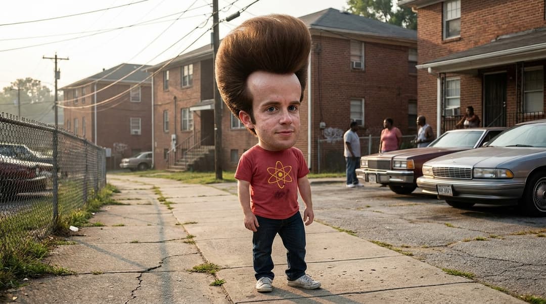 Create an ultra-photorealistic live-action interpretation of an adult Jimmy Neutron, approximately 20–25 years old, imagining the iconic character as a real person living in modern-day Atlanta, Georgia.

Preserve his unmistakable exaggerated proportions: an extraordinarily large, tall cranium with a dramatically oversized head-to-body ratio, broad upper skull, narrower jaw, prominent ears, huge expressive blue eyes, and an intelligent, confident expression. Do NOT normalize his head proportions.

His most recognizable feature is his enormous signature hairstyle: extremely tall, thick chestnut-brown hair rising dramatically above his forehead in the iconic swept-up swirl/pompadour. Render it as genuine human hair with thousands of individual strands, realistic follicles, natural density, flyaway hairs, subtle imperfections, and physically accurate highlights.

His face is completely photorealistic: real pores, natural skin texture, slight facial asymmetry, realistic eyebrows and eyelashes, detailed eye reflections, fine facial hairs, and physically believable skin.

He wears the recognizable bright red short-sleeve T-shirt with a large yellow atom symbol centered on the chest, dark blue jeans, brown belt, and clean white sneakers with red accents. The outfit should feel naturally integrated into contemporary Atlanta streetwear rather than looking like a costume.

SETTING: Place him outdoors in a gritty residential Atlanta neighborhood. Weathered brick apartment buildings and older houses, concrete sidewalks, overhead utility lines, wooden power poles, chain-link fencing, parked American cars, cracked pavement, street signs, porch steps, patches of grass, dumpsters, utility boxes, and distant Atlanta urban architecture. The environment should feel lived-in and authentic rather than like a movie backlot.

He stands casually near the curb with relaxed confidence. A few adult neighborhood residents appear naturally in the distant background, talking near porches and parked cars, adding realistic street activity without distracting from the main subject.

Late-afternoon Atlanta sunlight, humid Southern atmosphere, warm sunlight bouncing from pavement and brick, subtle atmospheric haze, realistic shadows and natural environmental reflections.

Shot like premium cinematic street photography using a professional full-frame cinema camera and 35mm lens. Slightly low camera angle emphasizing his enormous cranium and towering hairstyle, shallow depth of field, subject tack-sharp with naturally blurred background, realistic dynamic range, subtle film grain, authentic skin tones, natural contrast, physically accurate lighting and high-end cinematic color grading.

The photograph should feel candid and documentary-like — as though a photographer encountered a real-life Jimmy Neutron standing on an Atlanta neighborhood street.

CRITICAL CHARACTER FEATURES: enormous tall cranium, dramatically oversized head-to-body ratio, gigantic swept-up brown hairstyle, large blue eyes, prominent ears, red atom T-shirt and scientific-genius appearance.

AVOID: cartoon rendering, CGI, Pixar aesthetics, anime, illustration, plastic skin, wax figures, dolls, mascot appearance, videogame graphics, cosplay appearance, artificial hair, overly perfect scenery, exaggerated gang stereotypes, weapons, normal-sized head, normal-sized hairstyle.

The final result must look like an authentic high-resolution photograph of a real adult human with Jimmy Neutron's impossible iconic proportions physically existing in modern-day Atlanta.