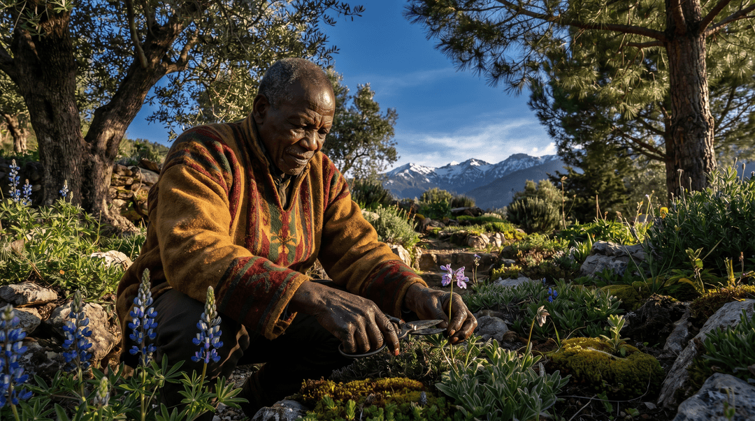 /imagine prompt: A majestic melanated chief, adorned in traditional, intricately woven garments with earthy tones and vibrant accents, meticulously tends to a thriving, biodiverse mountain garden. Sunlight dapples through ancient, gnarled trees, casting dramatic shadows on his strong, weathered hands as he carefully prunes a rare, blossoming alpine flower. The air is crisp and clean, hinting at the altitude, and distant, snow-capped peaks pierce a cerulean sky. The garden is a tapestry of indigenous flora, with rich, dark soil and dew-kissed leaves. Hyperrealistic photography, natural light, shallow depth of field, cinematic, professional grade, Hasselblad H6D, 85mm f/1.4 lens, golden hour.