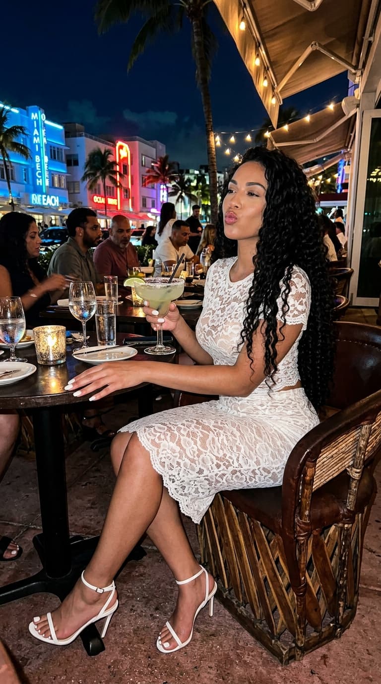 Woman wears a lace see through tight fitted two piece set she’s sitting down in Miami at night at a Miami restaurant holding a margarita class , Puckering her lips , white nails , white strap heels , white toes , long deep curly 50 inch black hair , 