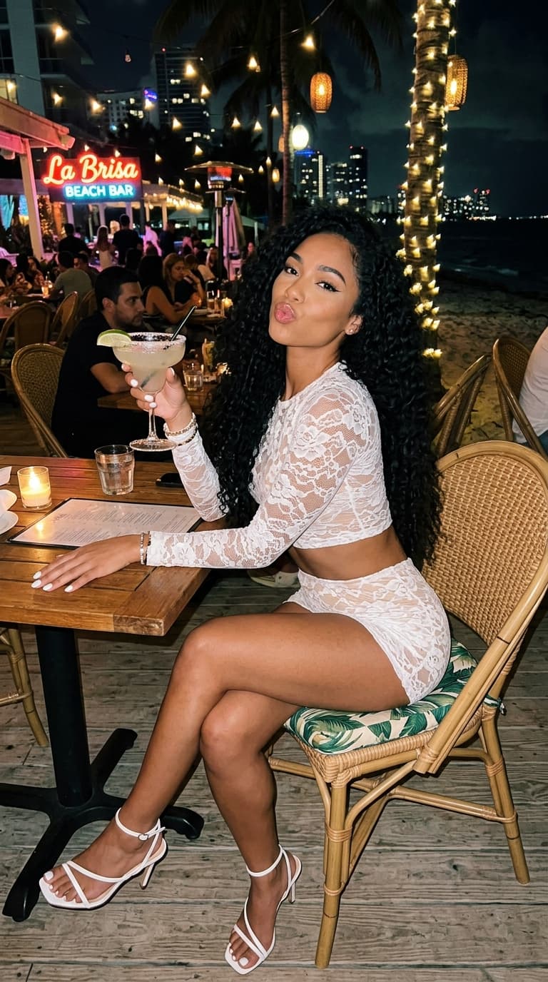 Woman wears a lace see through tight fitted two piece set she’s sitting down in Miami at night at a Miami restaurant holding a margarita class , Puckering her lips , white nails , white strap heels , white toes , long deep curly 50 inch black hair , 