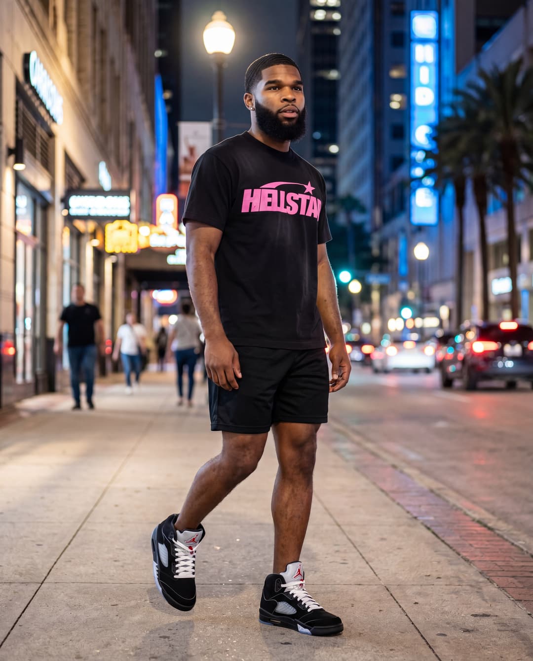 Maintain my exact face details wearing outfit reference and shoes. Setting downtown HOUSTON, TEXAS. 11pm, 4k resolution, realistic skin texture. Off guard mid walking on the sidewalk 

shot on a Sony A1, using an 85mm f1.4 lens, at f1.6, ISO 100, 1/200 shutter speed, cinematic shallow depth of field, perfect facial focus, and an editorial-neutral color profile. This Sony A1+ 85mm f1.4 setup is mandatory. The final image must clearly look like premium full-frame Sony A1 quality. Male is 5 feet 5 inches (65 inches / 165 cm)